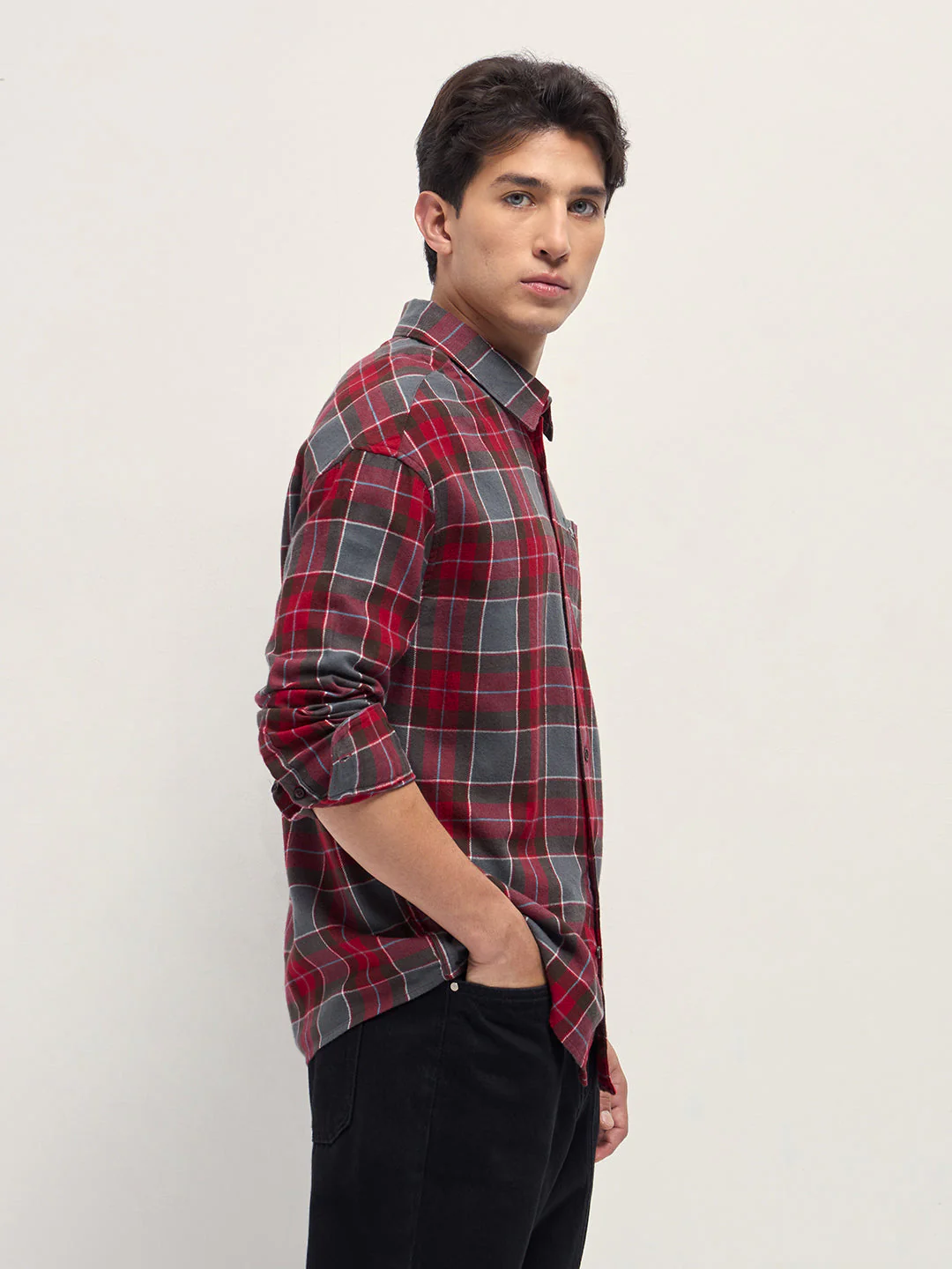 Red Relax Fit Flannel Checked Casual Shirt - Image 3