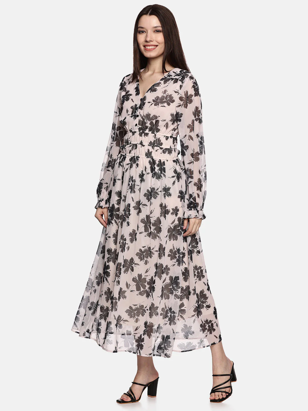IS.U Floral Off-White Blouson Sleeve Maxi Dress - Image 2