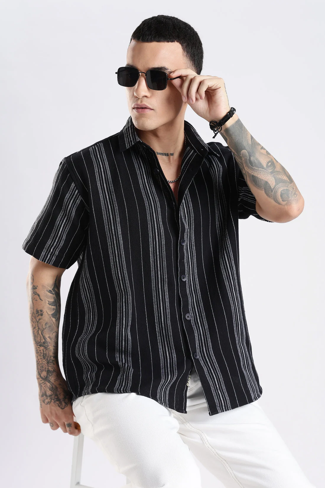 Vertical Striped Self Design Cotton Oversized Shirt - Image 6