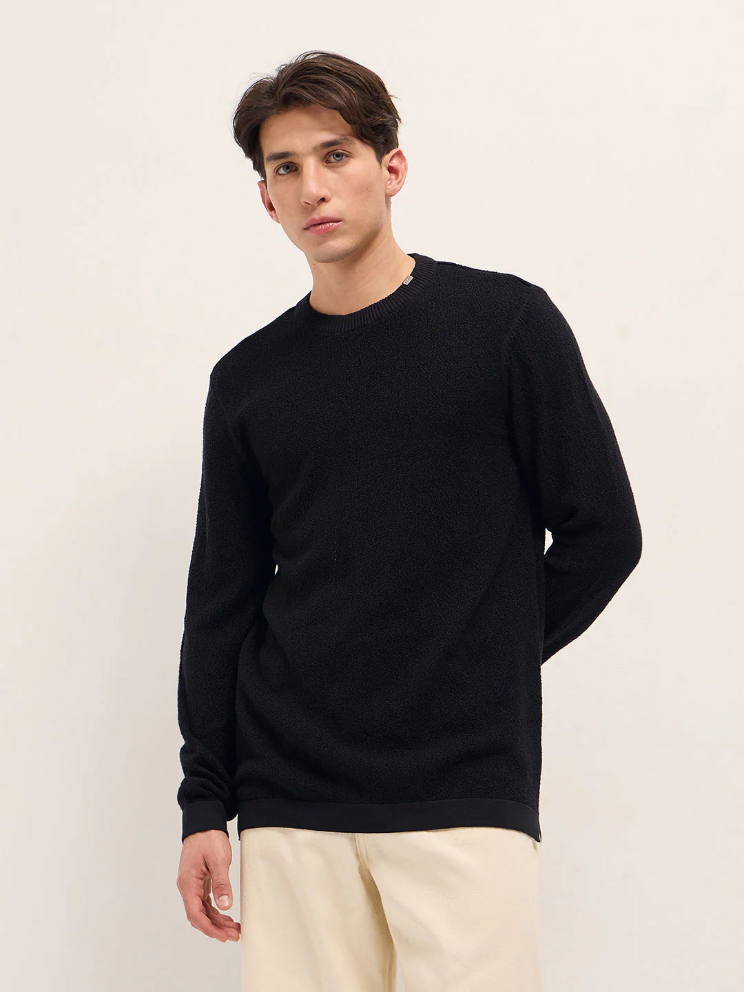 Black Regular Fit Full Sleeve Flat Knit T-Shirt with Solid Texture - Image 5