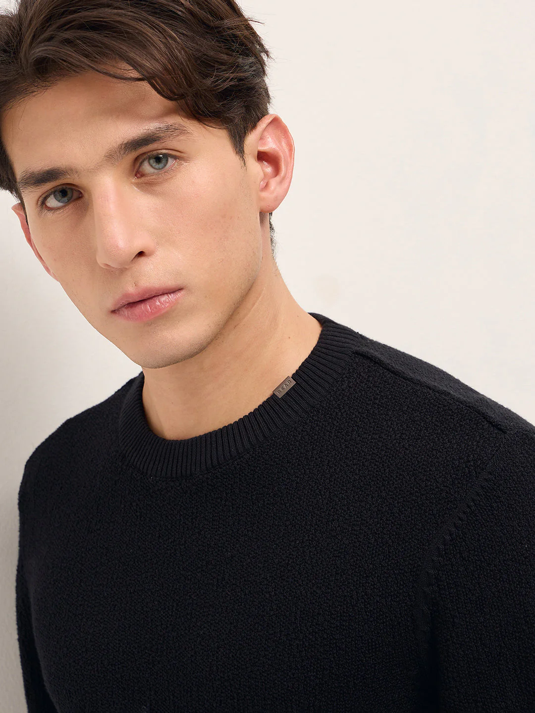 Black Regular Fit Full Sleeve Flat Knit T-Shirt with Solid Texture - Image 6
