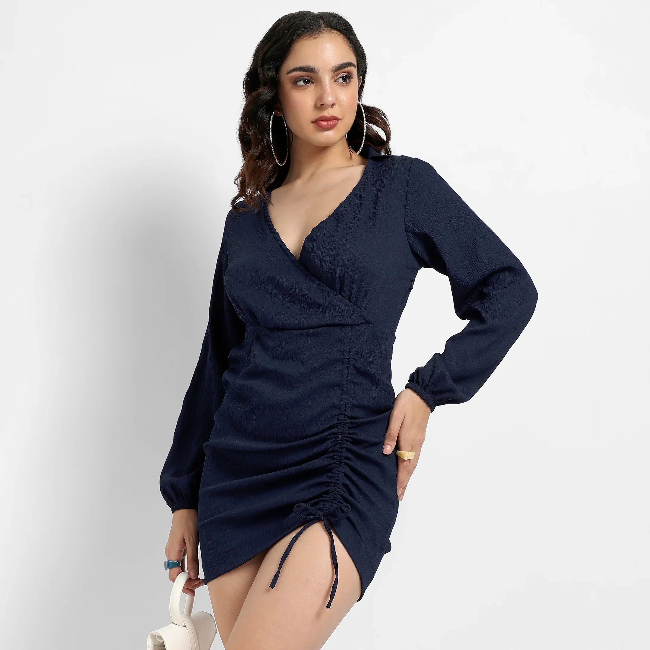 Solid Navy Blue Mini Dress With Ruched Detail