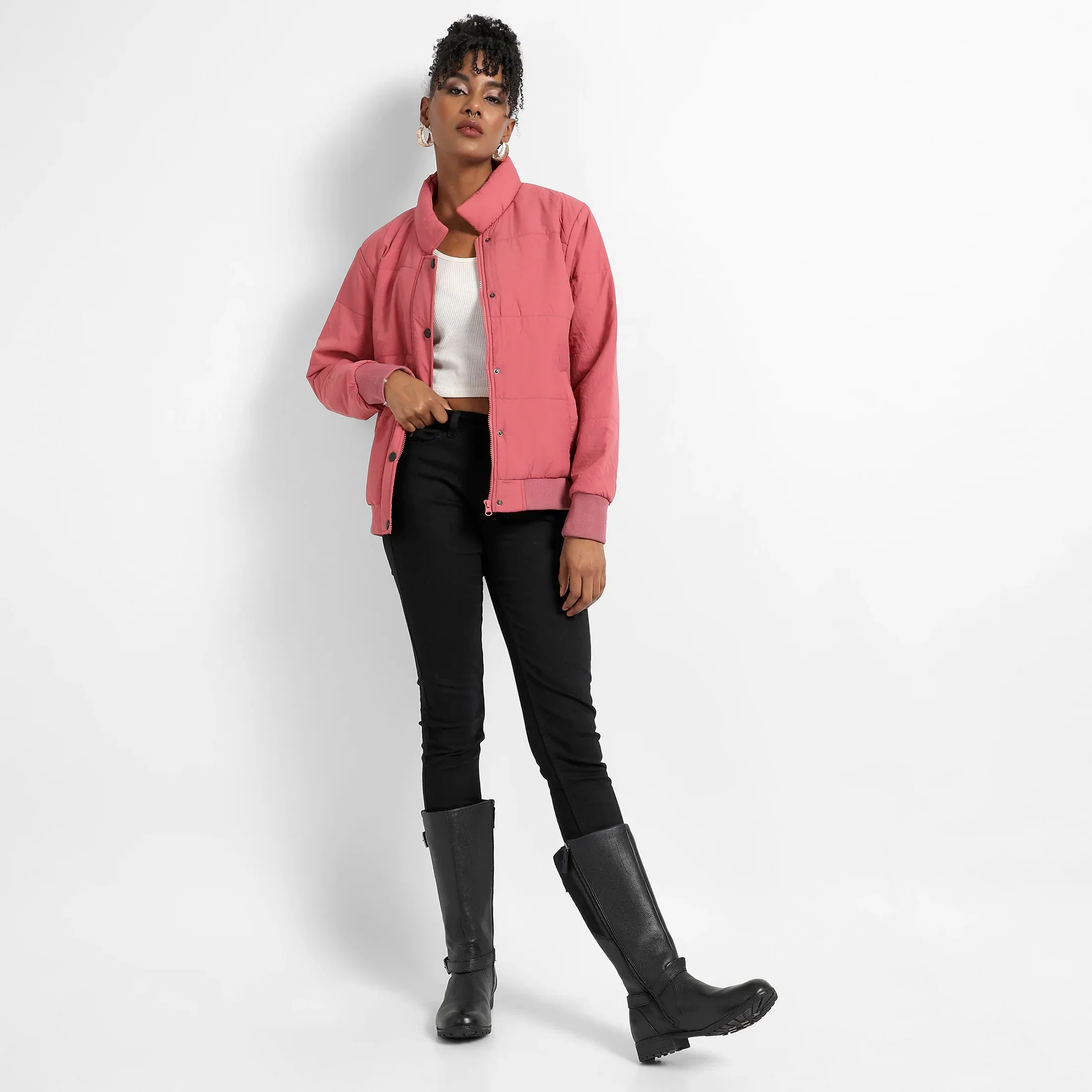 Blush Pink Puffer Jacket With Ribbed Hem - Image 6