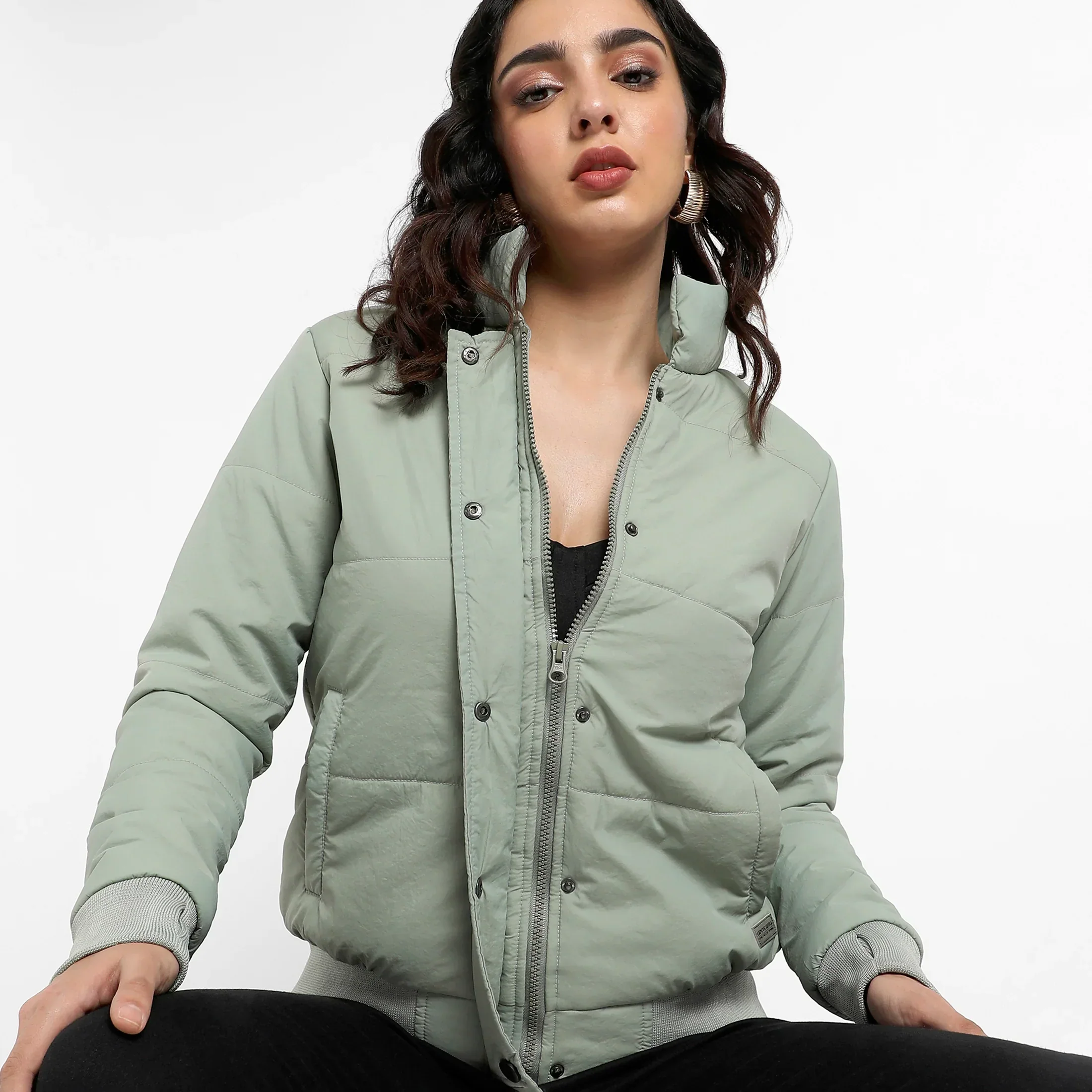 Sage Green Quilted Bomber Jacket With Ribbed Hem