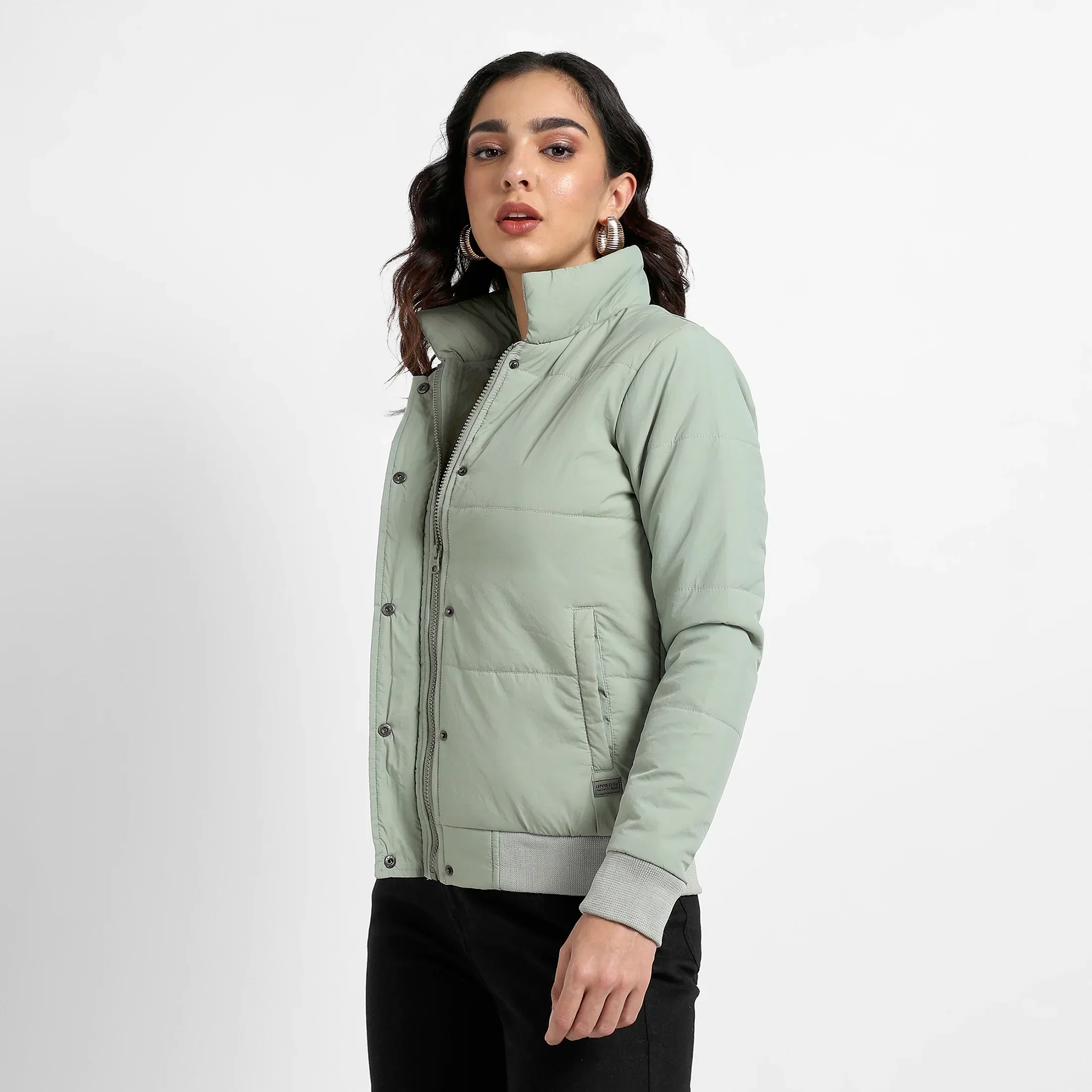 Sage Green Quilted Bomber Jacket With Ribbed Hem - Image 3