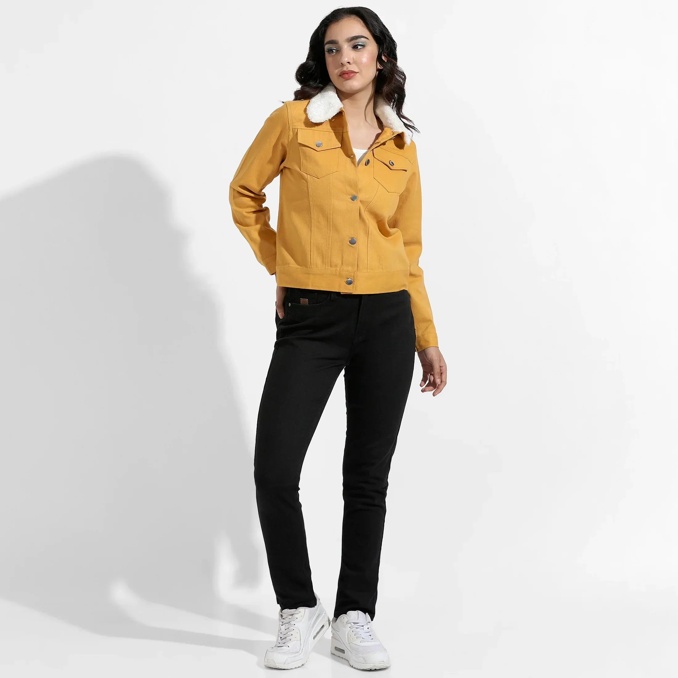 Yellow Front-Button Jacket With Fur Details - Image 5