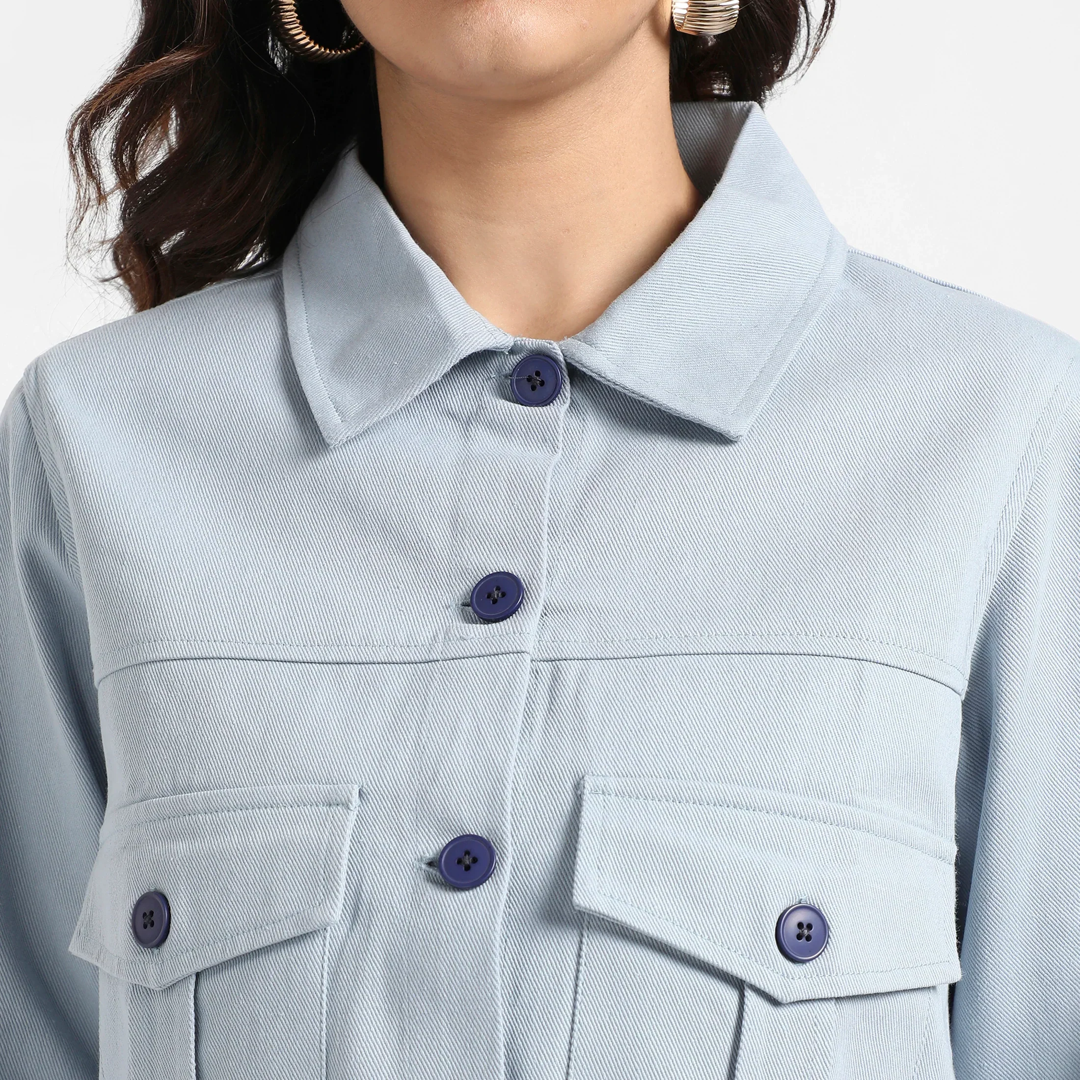 Light Blue Front-Button Jacket With Flap Pockets - Image 7
