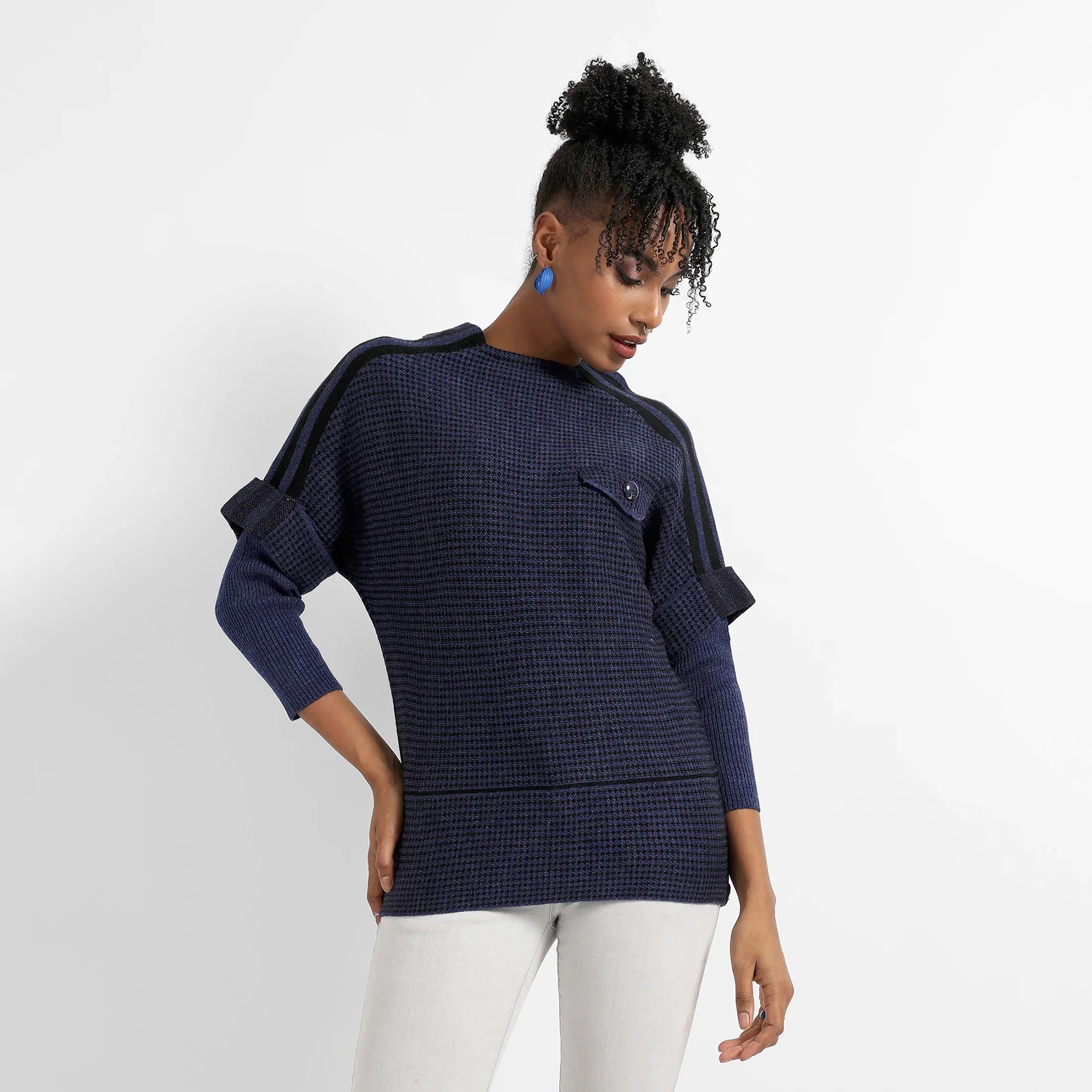 Navy Blue Micro Checkered Sweater With Striped Sleeve - Image 2