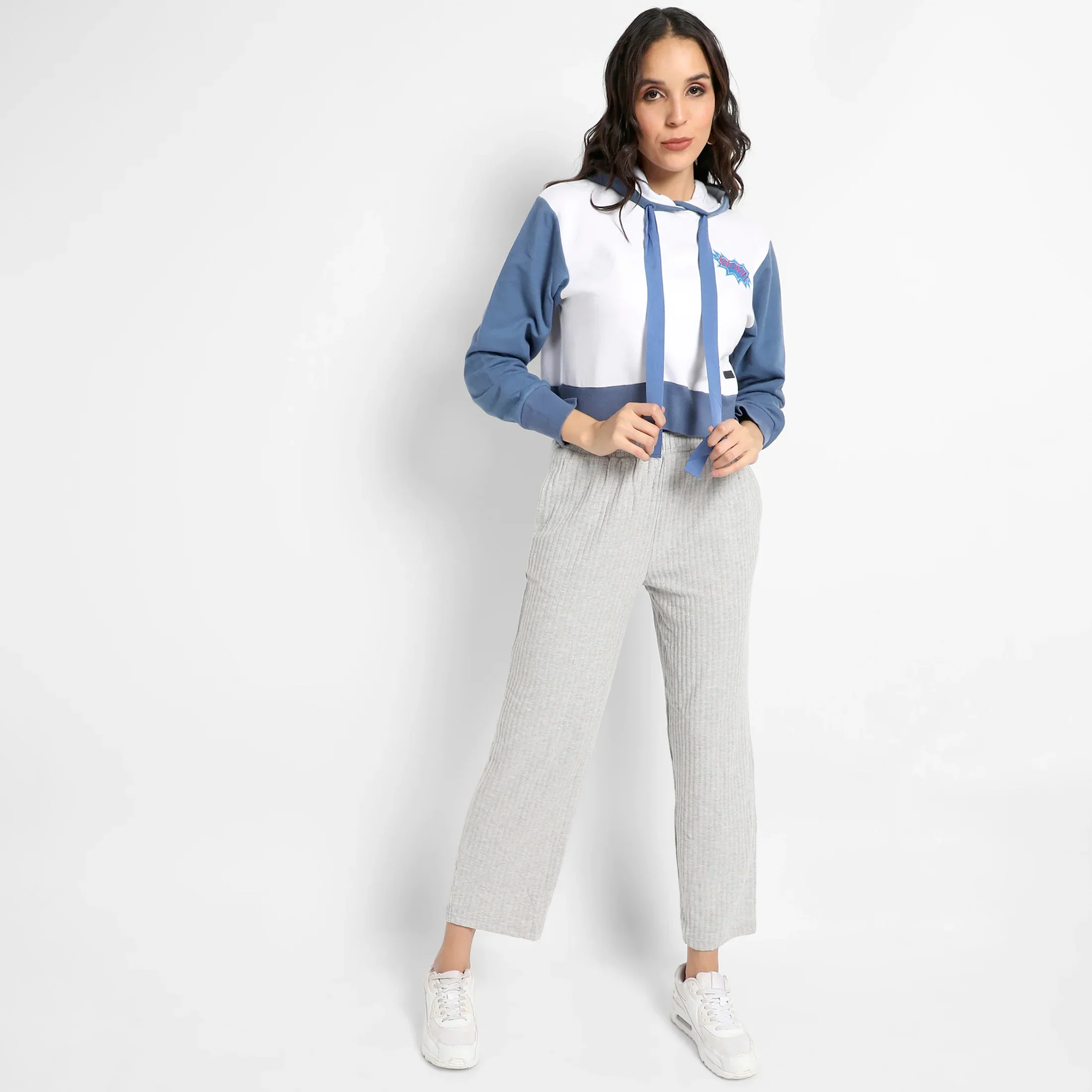 Blue & White Wow! Colourblocked Cropped Hoodie - Image 6