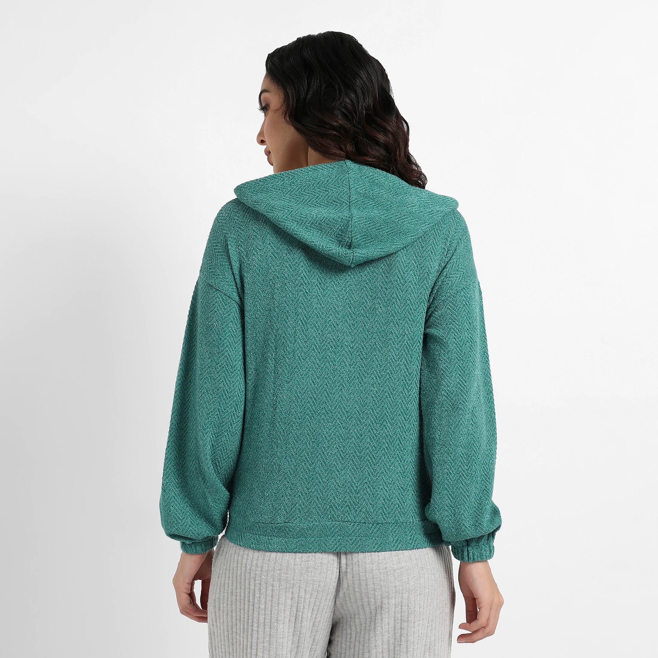 Teal Green Zip-Front Chevron Hoodie With Elasticated Hem - Image 4