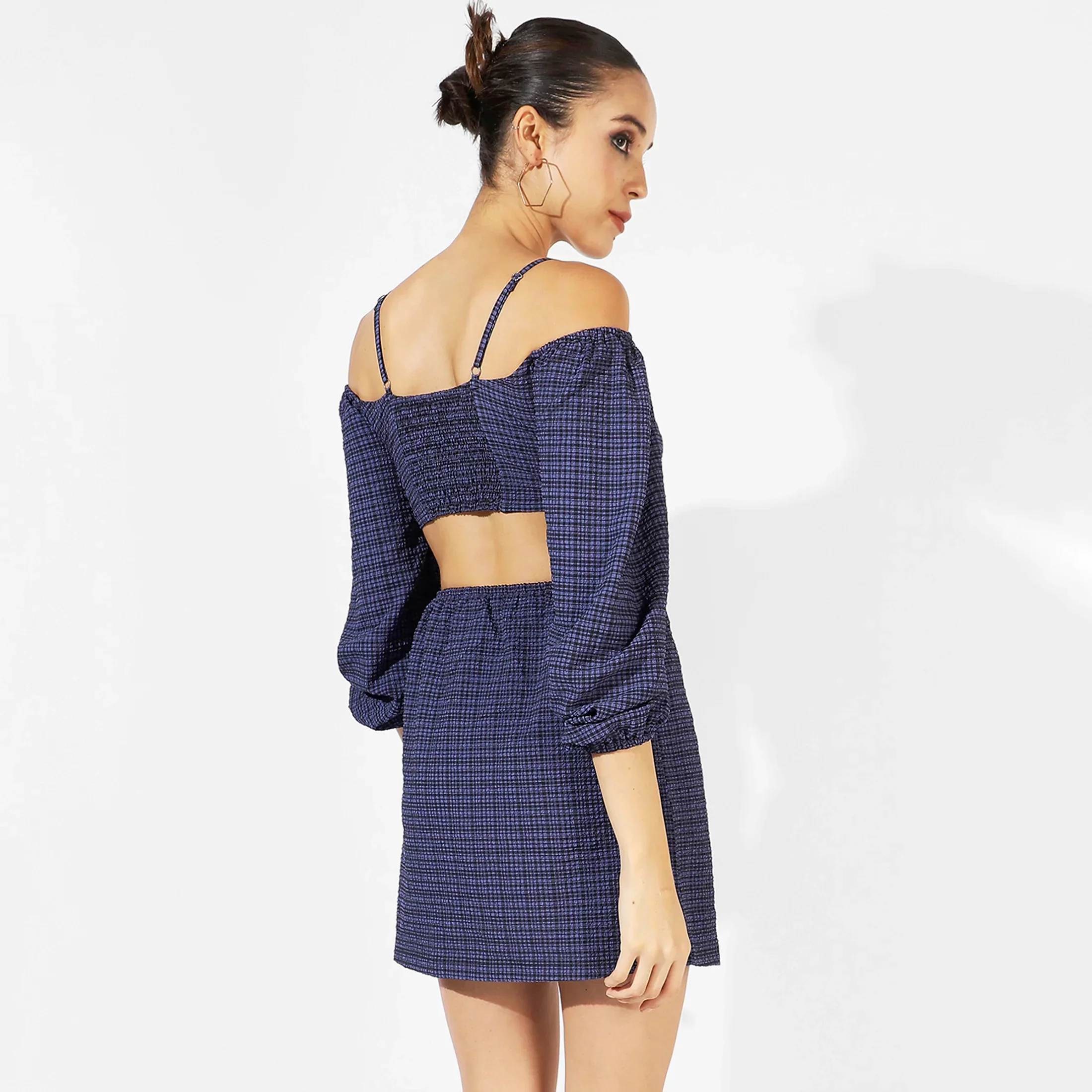 Midnight Blue Cutout Checkered Dress - Image 9