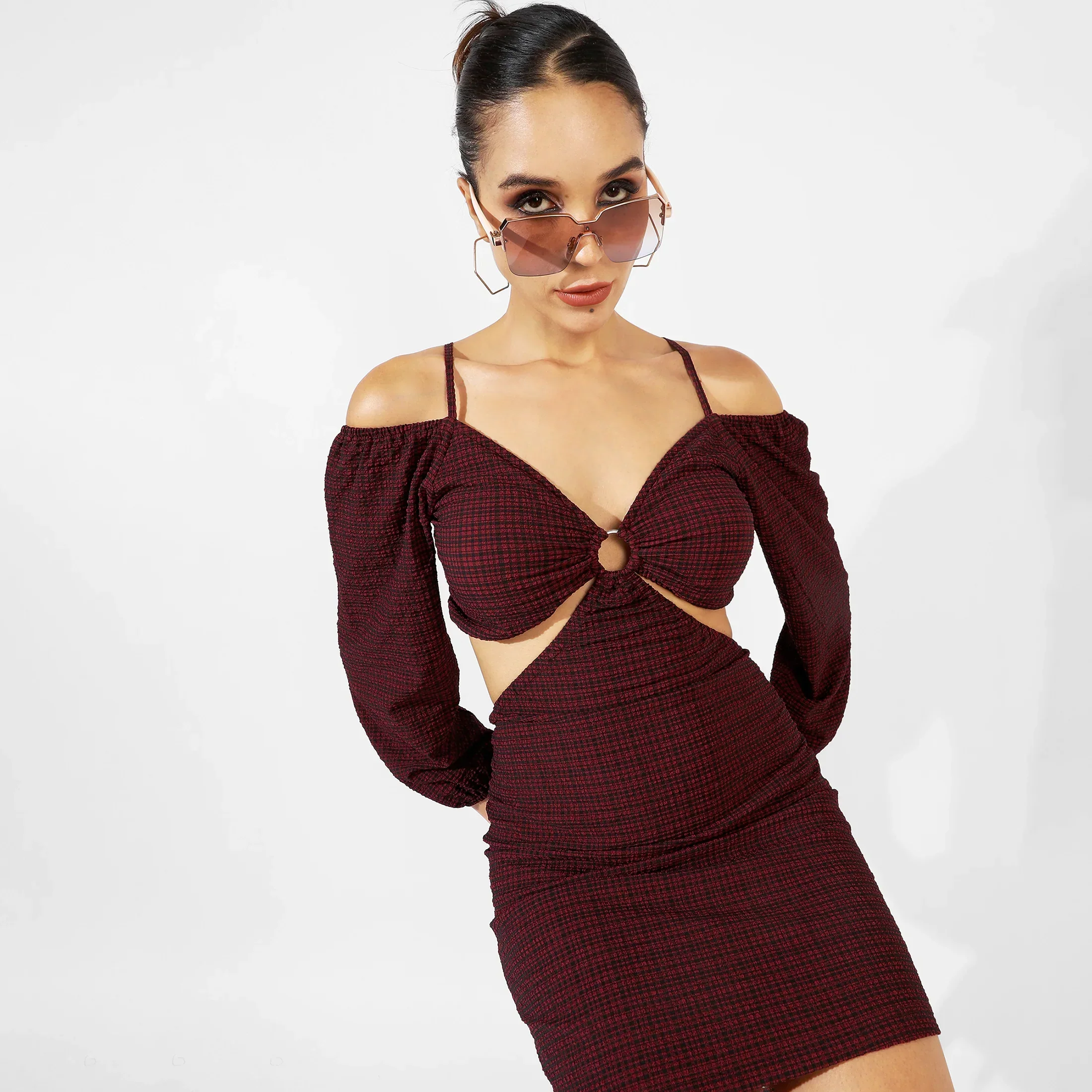 Red Cutout Checkered Dress - Image 6