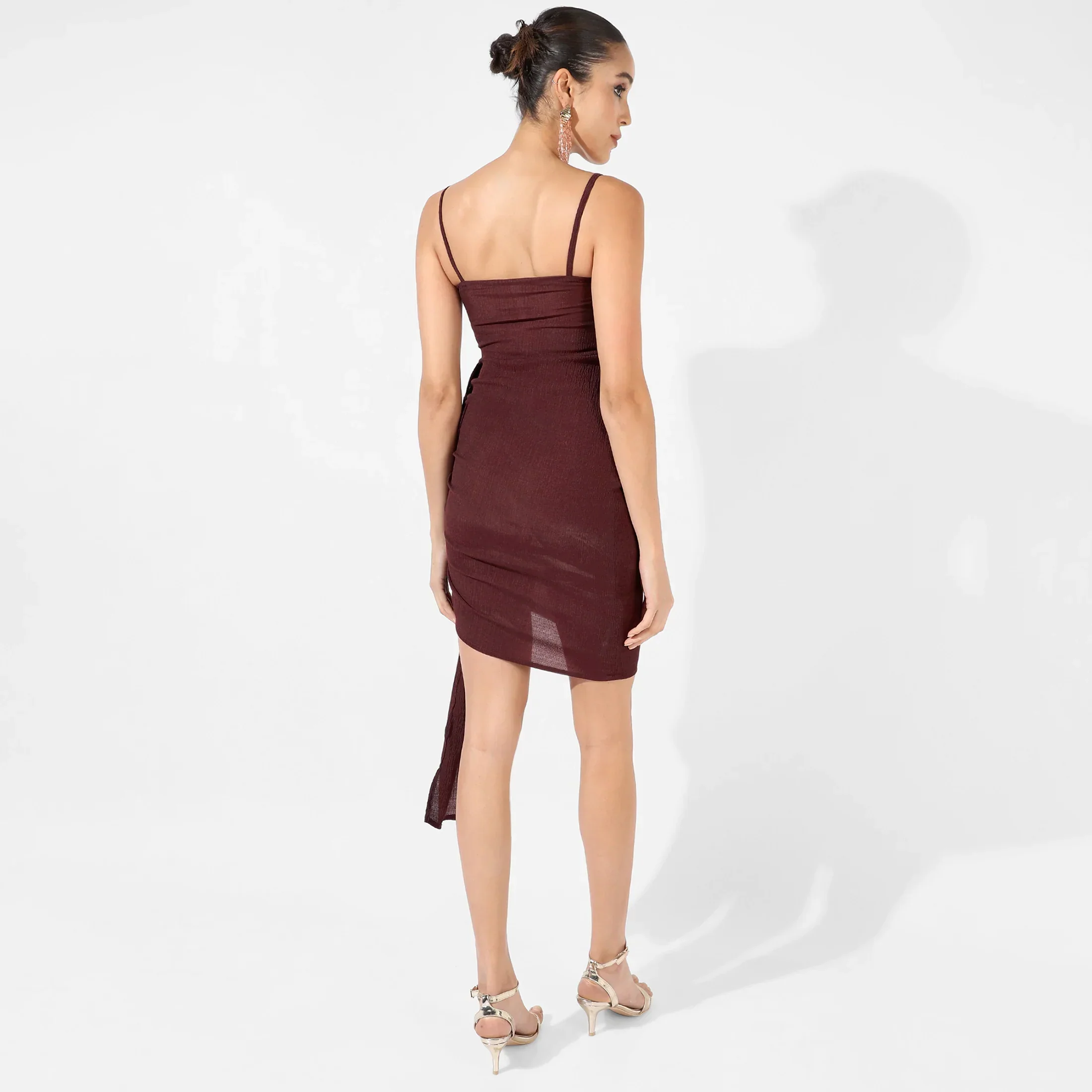 Solid Brown Ruched Mini Dress With Trail - Image 11