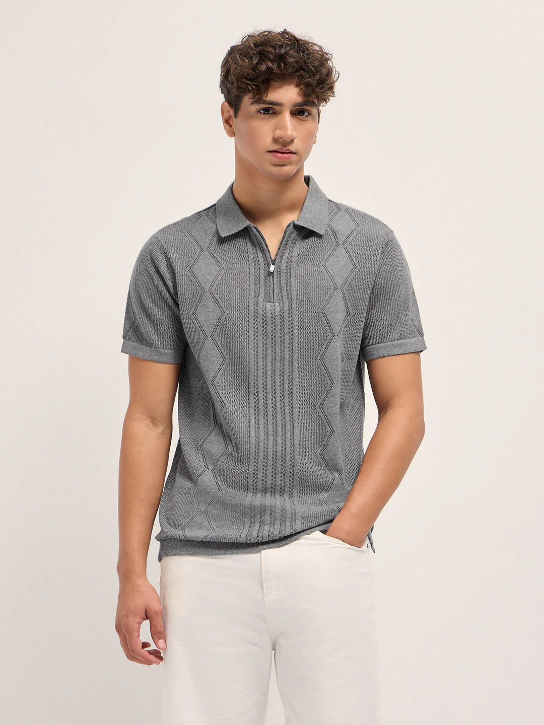 Grey Regular Fit Geometric Textured Flat Knit Polo with Zip Placket - Image 6