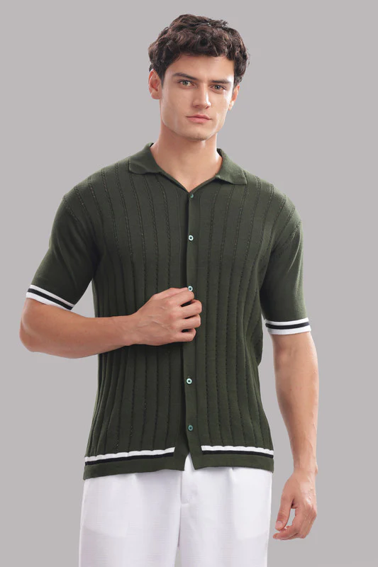 Funny Tales Premium Cotton Men’s Olive Green 100% Cotton Knitted Button-Down Shirt - Image 5
