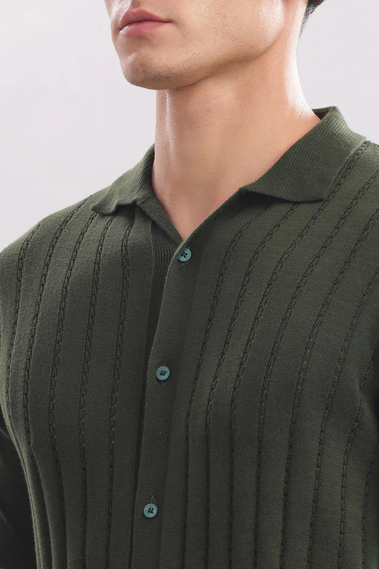 Funny Tales Premium Cotton Men’s Olive Green 100% Cotton Knitted Button-Down Shirt - Image 8