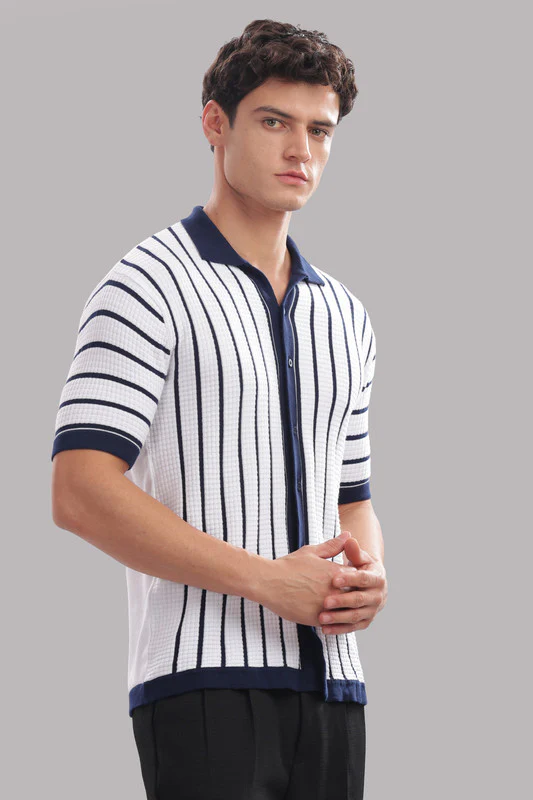 Funny Tales Premium Cotton Men’s 100% Cotton Striped Button-Down Polo Shirt – Navy & White - Image 3