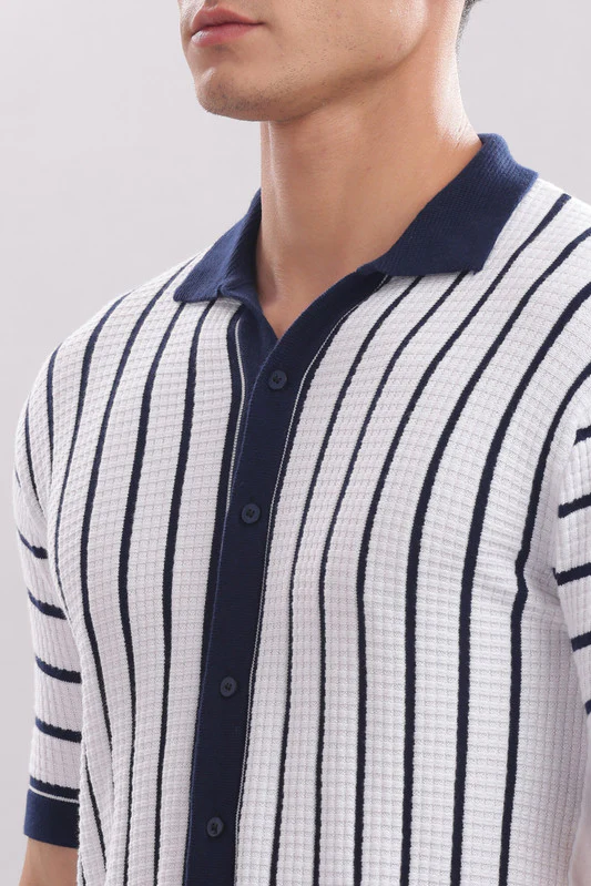 Funny Tales Premium Cotton Men’s 100% Cotton Striped Button-Down Polo Shirt – Navy & White - Image 6