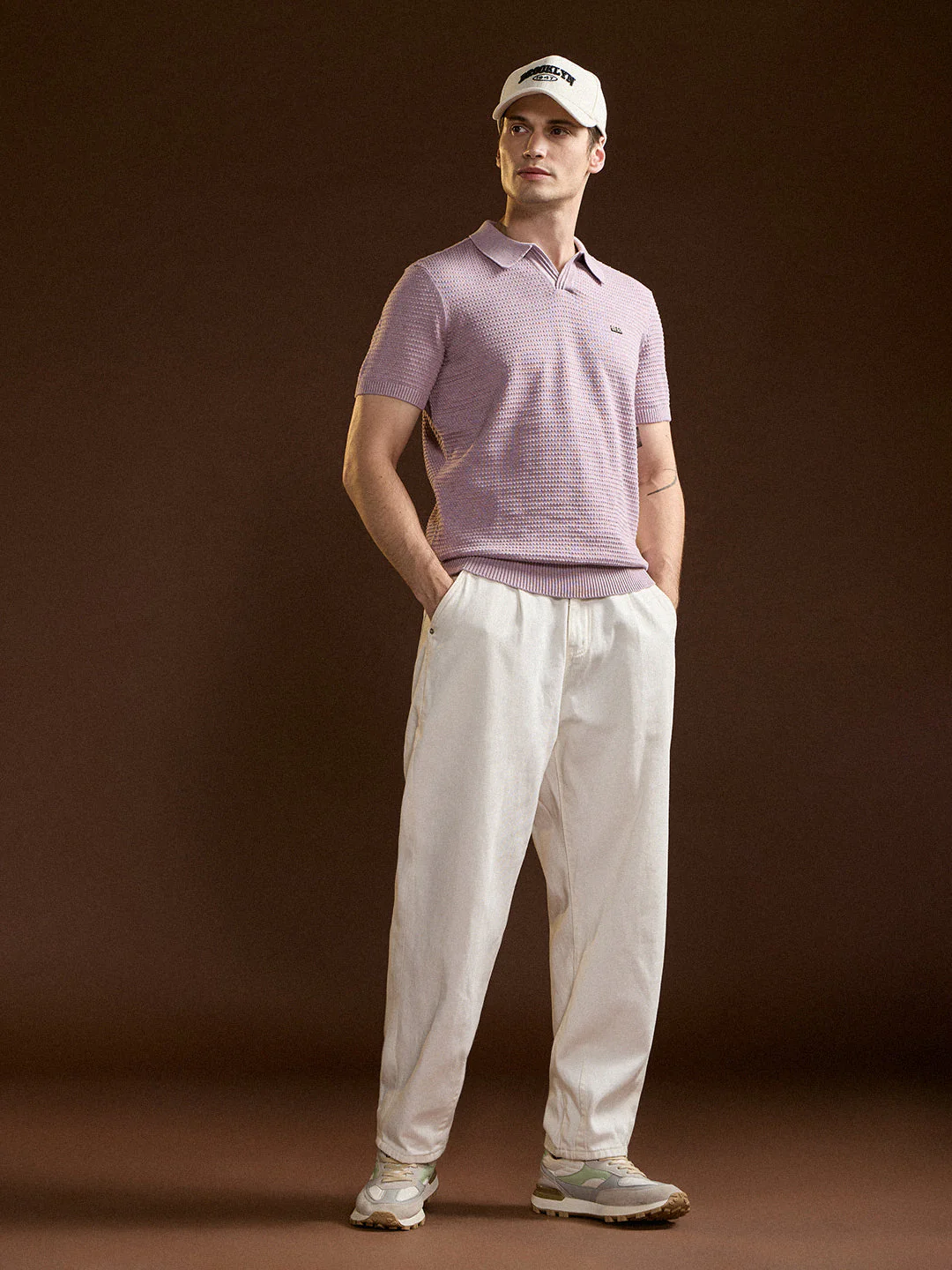 Purple Textured Slim Fit V-Notch Style Polo - Image 4
