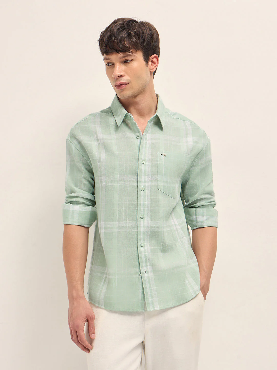 Green Woven Checks Relaxed Fit Casual Shirt - Image 6
