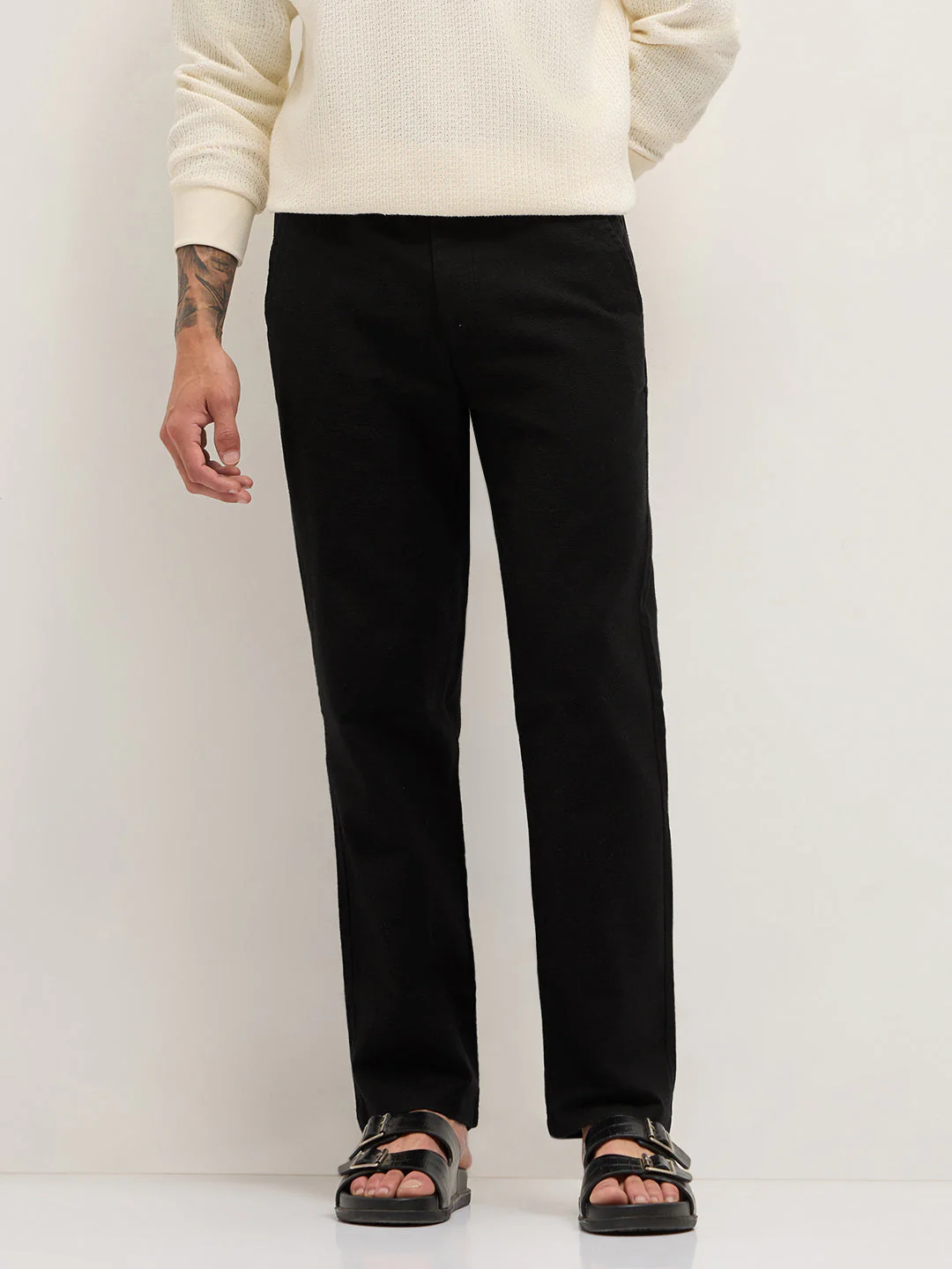 Black Textured Straight Fit Casual Trousers with an Elasticated Waistband - Image 7
