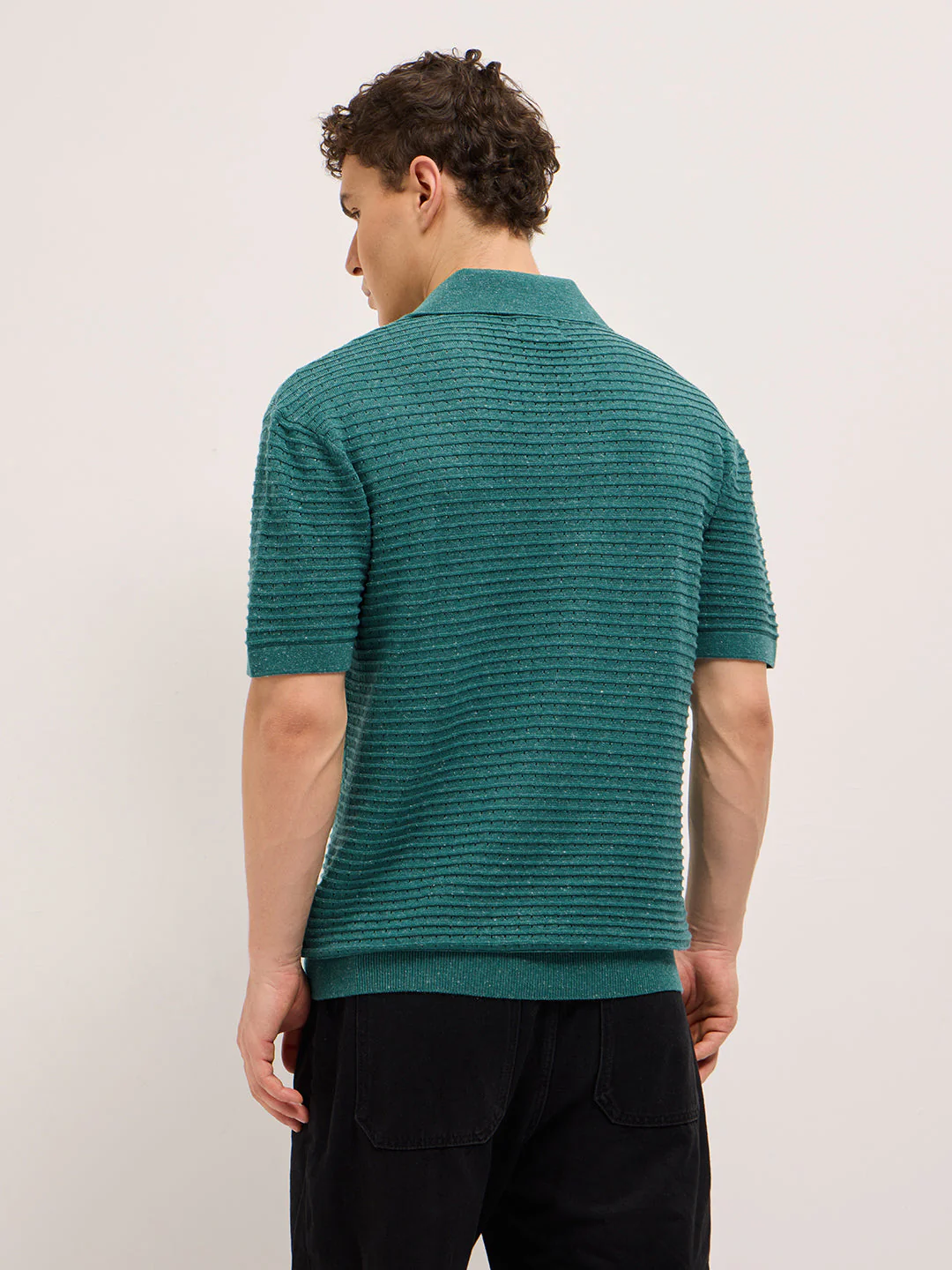 Green Relaxed Fit Horizontal Ribbed Flat Knit Polo with Transparent Effect - Image 2
