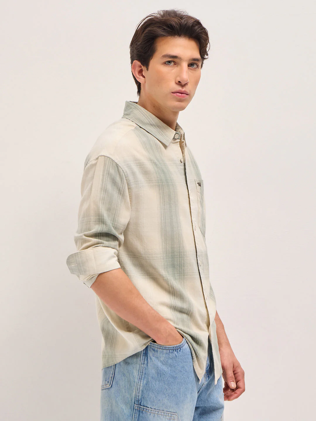 Green and Cream Checkered Relaxed Fit Casual Shirt - Image 3