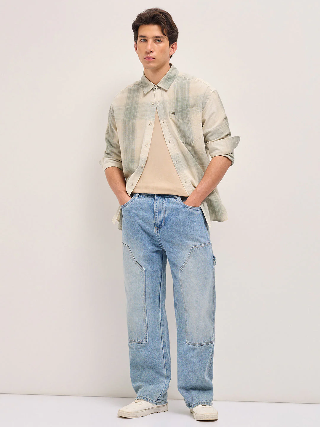 Green and Cream Checkered Relaxed Fit Casual Shirt - Image 4