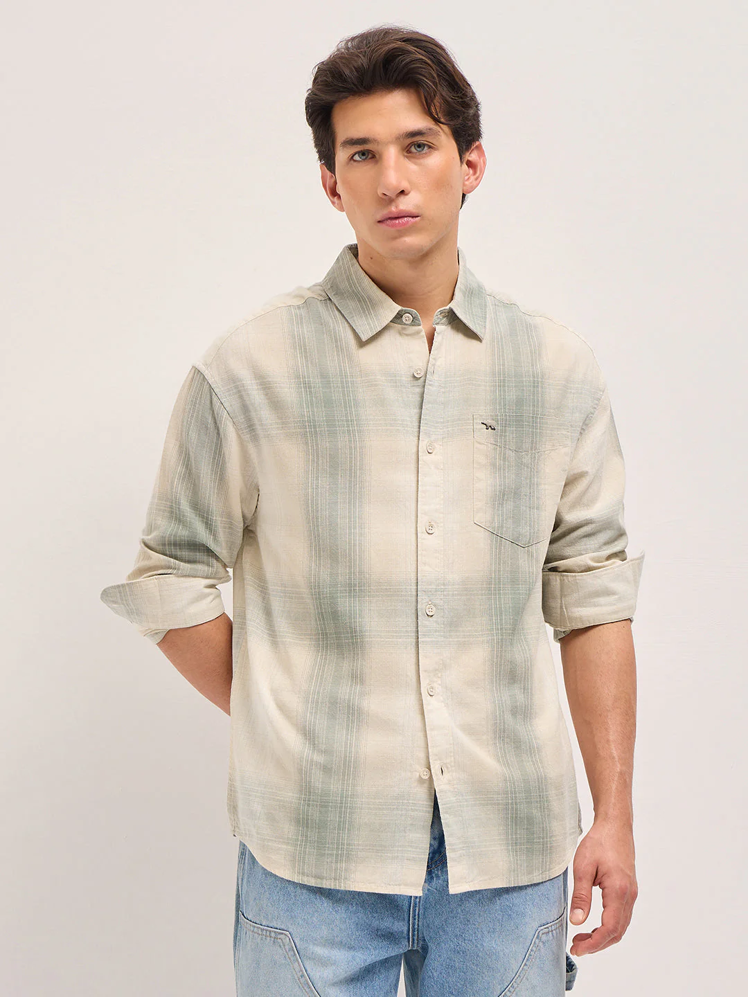 Green and Cream Checkered Relaxed Fit Casual Shirt - Image 6