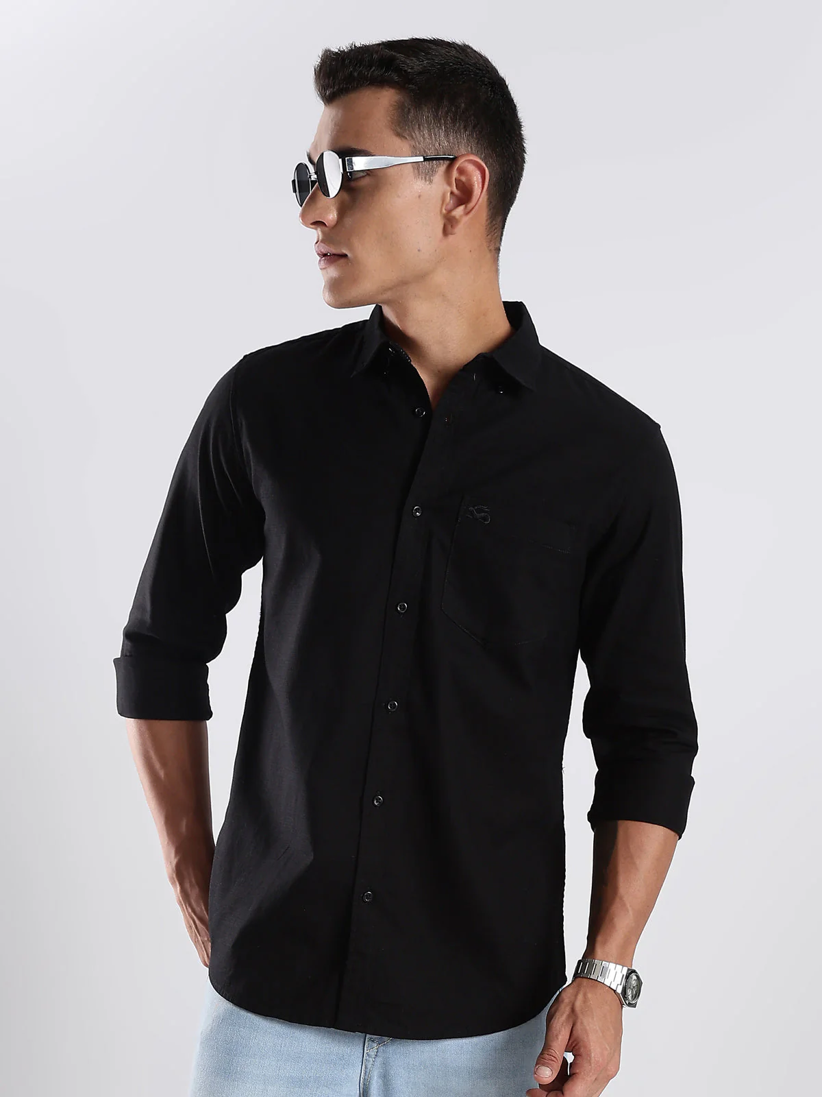Solid Cotton Linen Black Shirt - Image 4