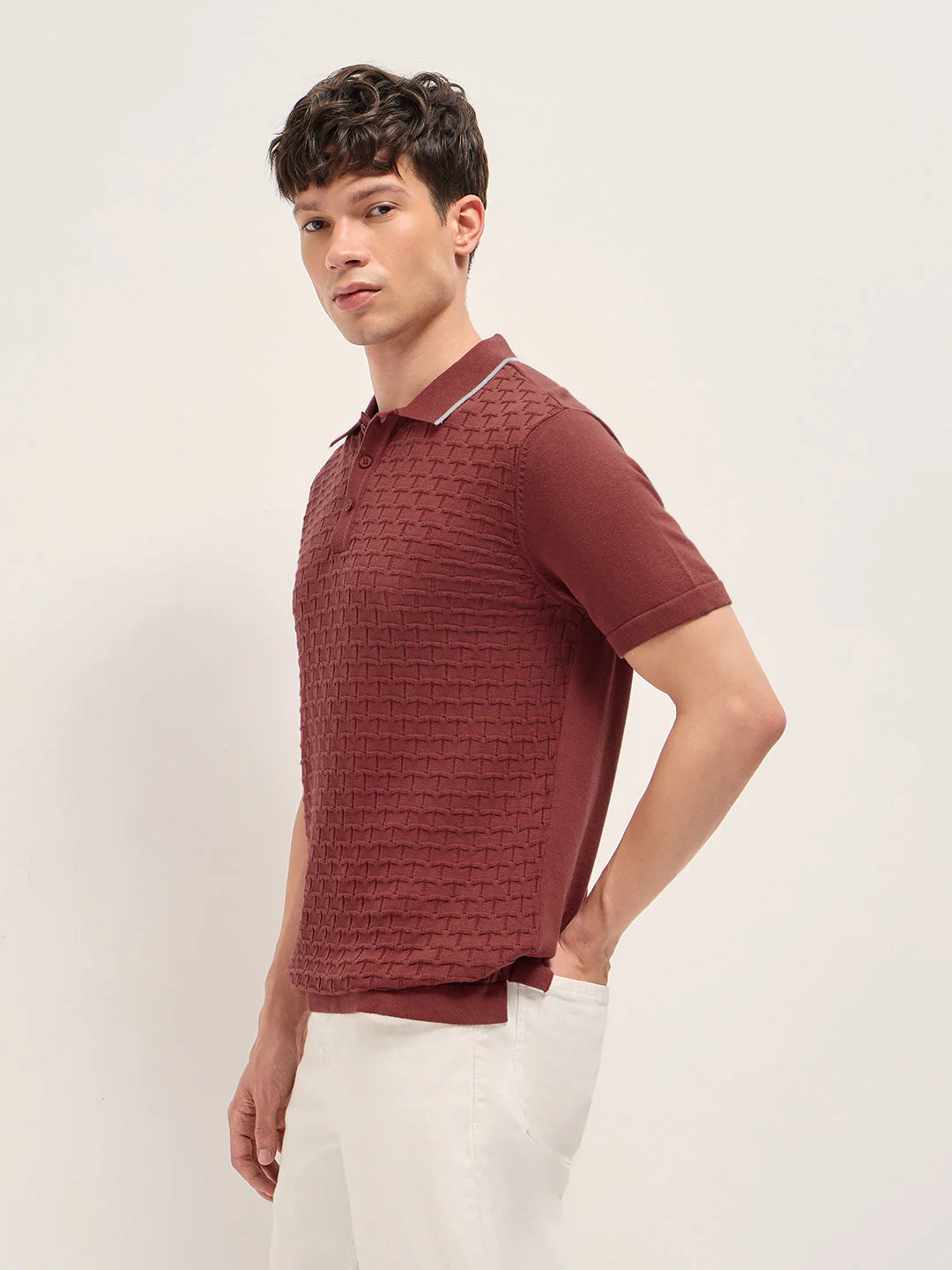 Red Regular Fit Geometric Textured Knit Polo Shirt - Image 3