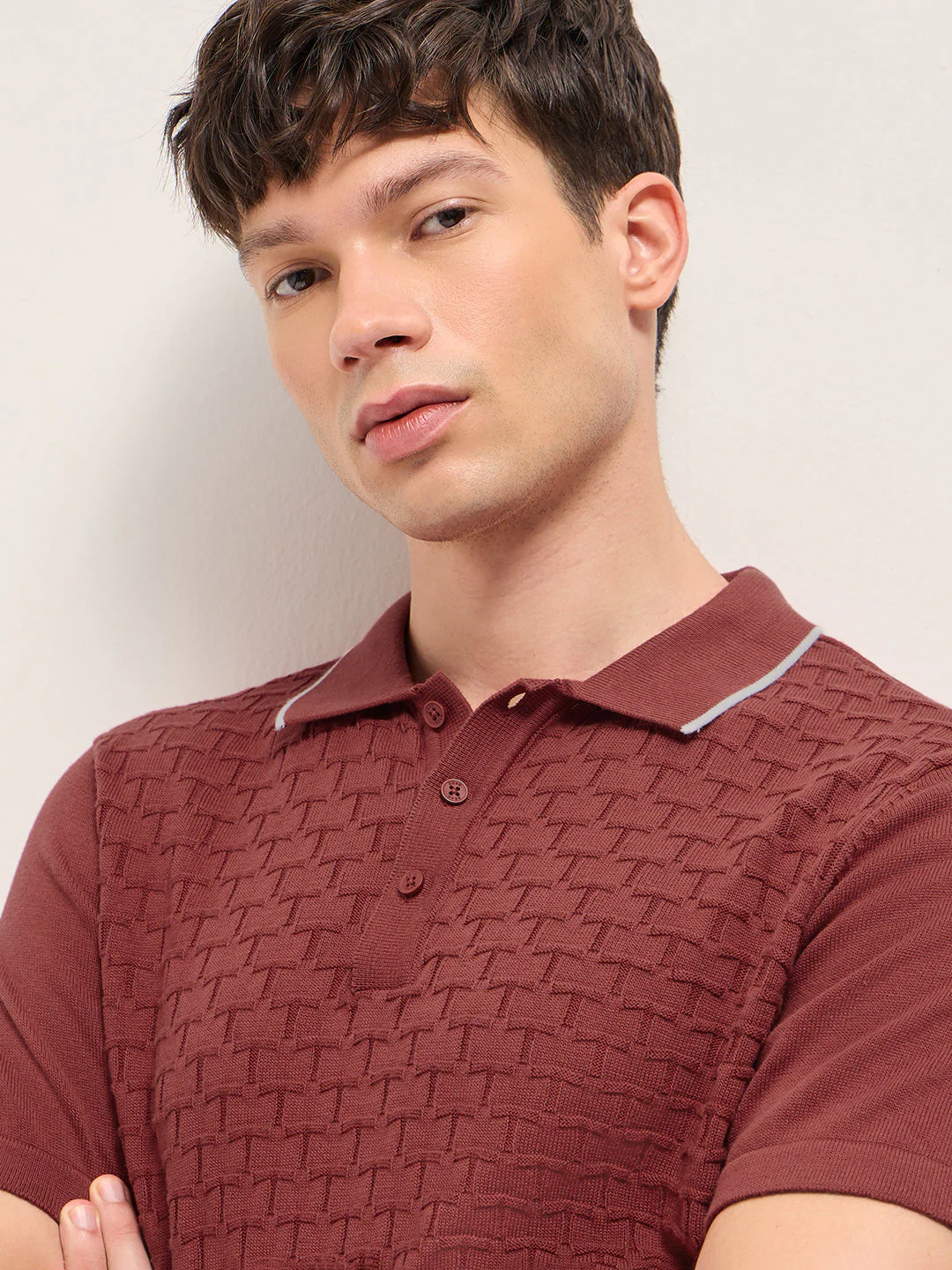 Red Regular Fit Geometric Textured Knit Polo Shirt - Image 5