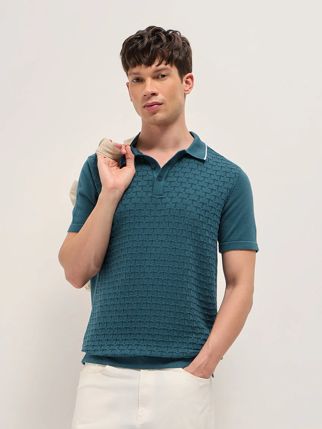 Teal Regular Fit Geometric Textured Knit Polo Shirt