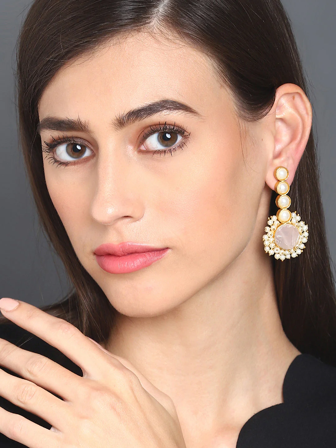 Gold-Plated Druzy Stone Studd Long Earrings - Image 2