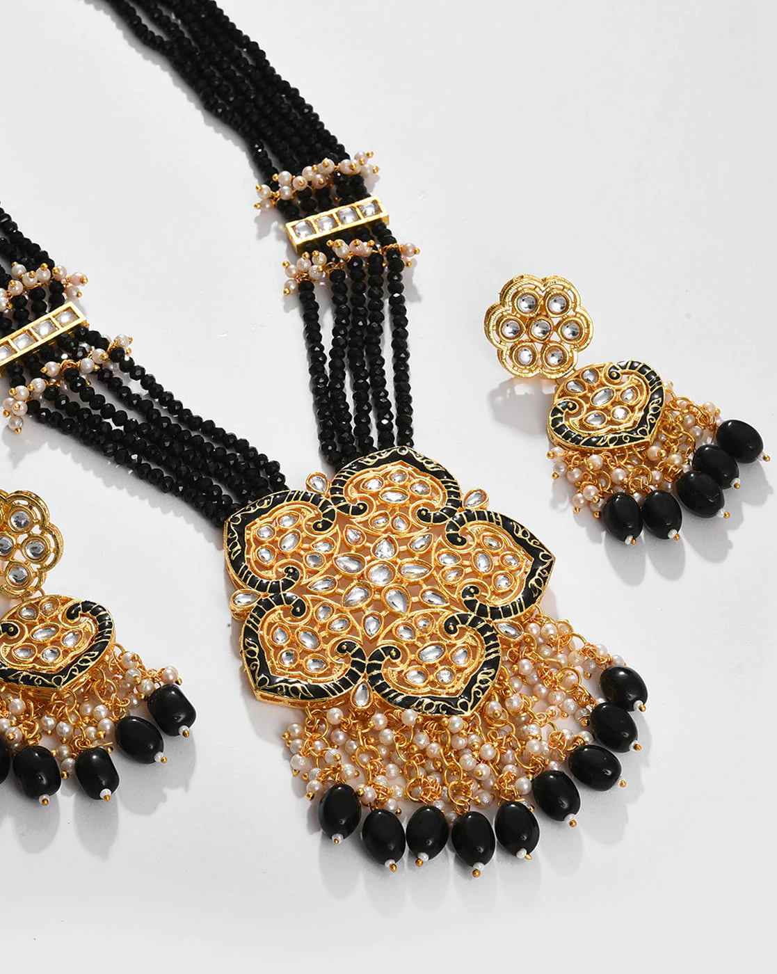 Gold Plated Kundan Beaded Necklace and Earrings Set - Image 3