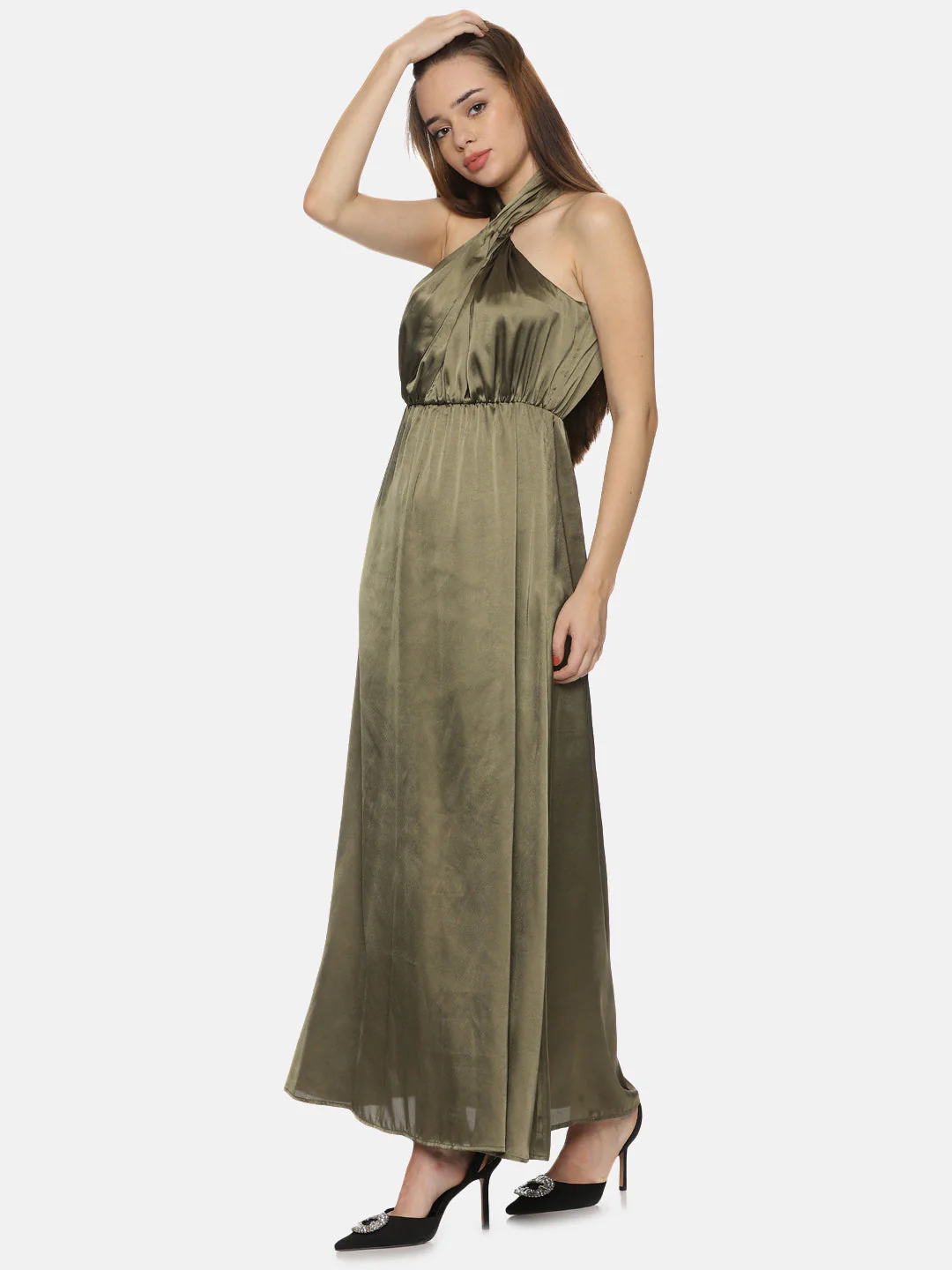 IS.U Solid Olive Halter Maxi Dress - Image 3