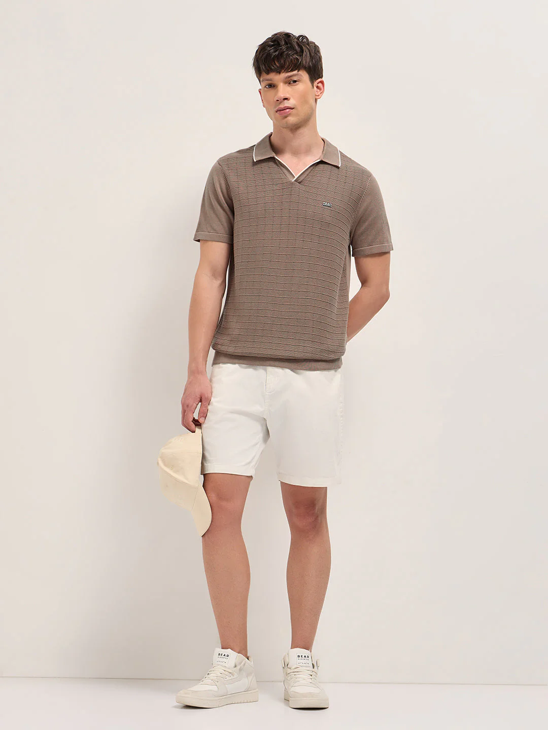 Brown Regular Fit Check Textured Flat Knit Polo with Contrast Collar Trim - Image 4