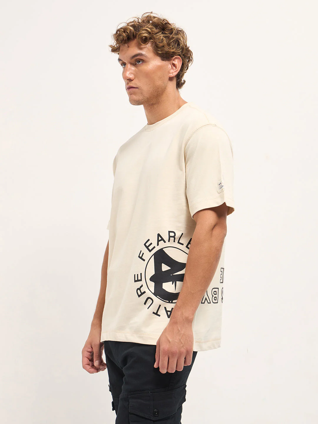 Cream Oversized Crew Neck T-Shirt with Side & Back Graphic Print - Image 2