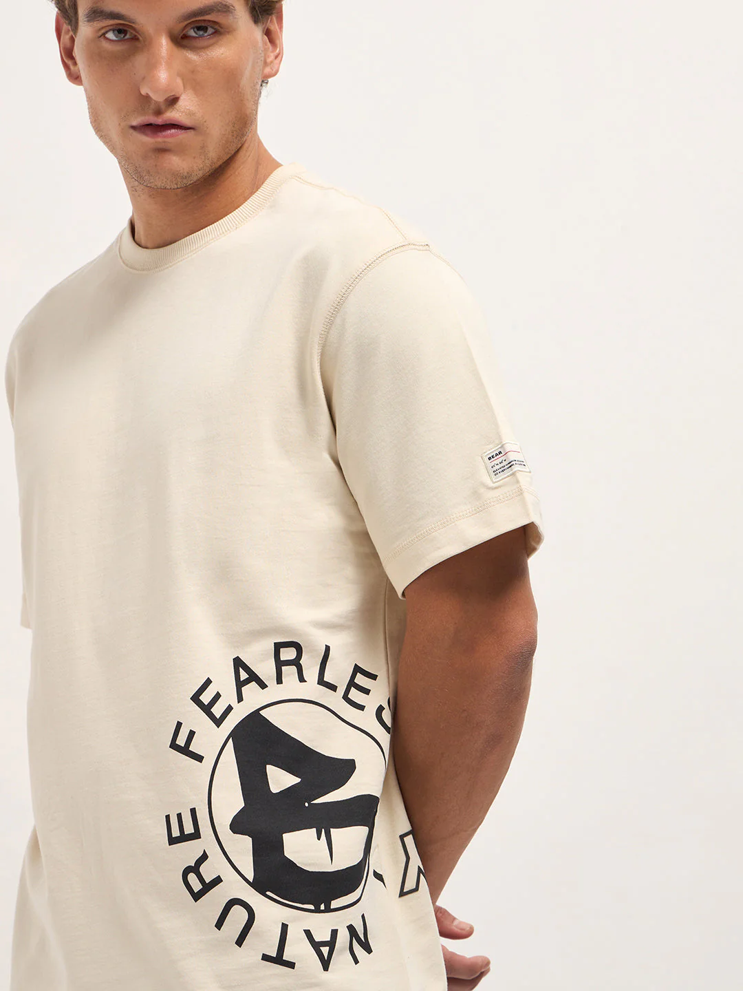 Cream Oversized Crew Neck T-Shirt with Side & Back Graphic Print - Image 4