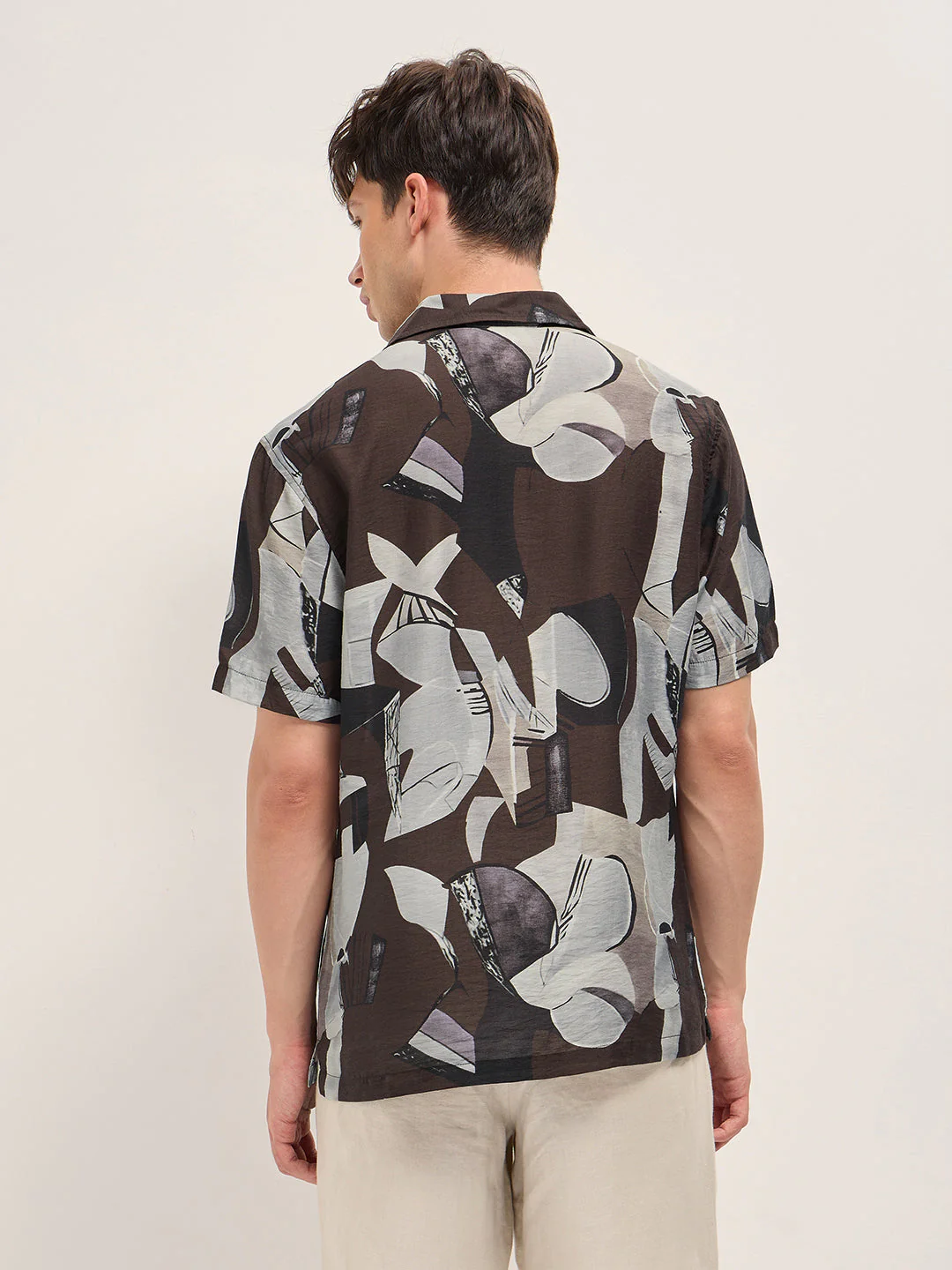Brown Bold Abstract Print Relaxed Fit Cuban Collar Viscose Shirt - Image 2