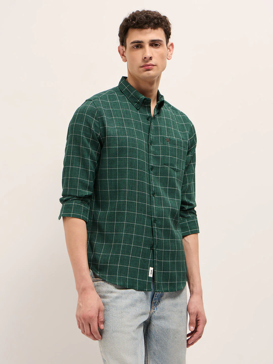 Green Block Checks Slim Fit Casual Shirt - Image 3