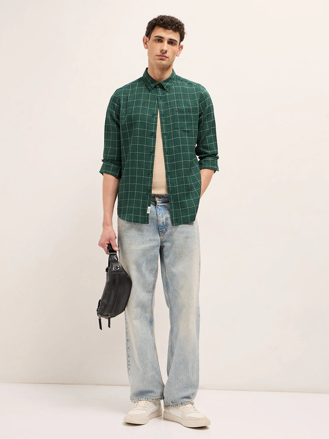 Green Block Checks Slim Fit Casual Shirt - Image 4