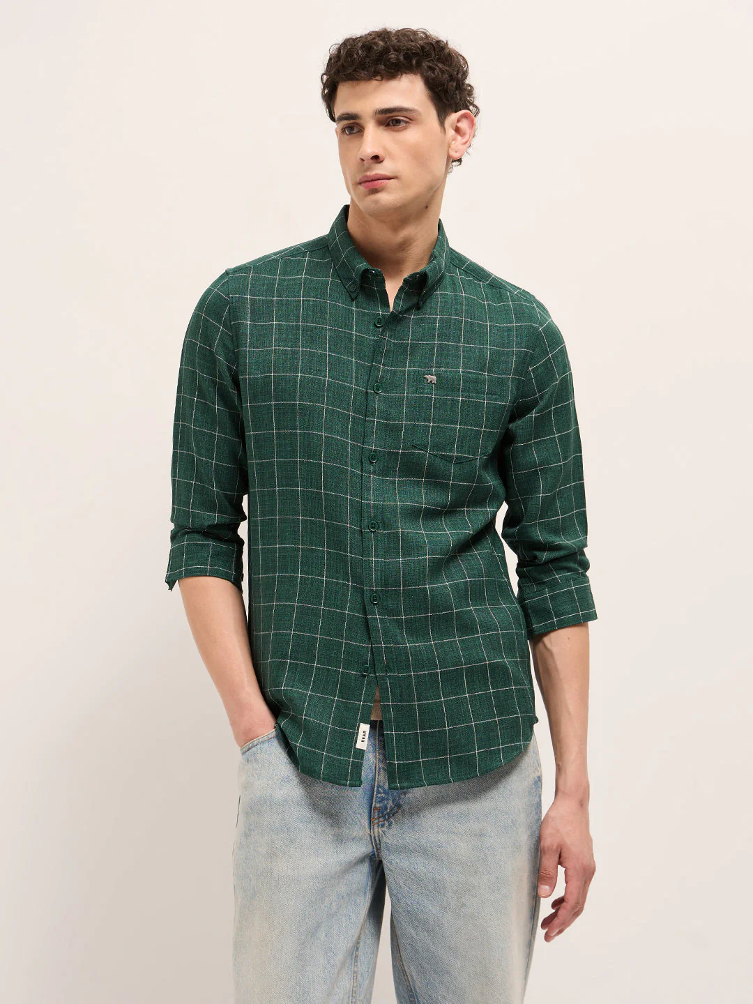 Green Block Checks Slim Fit Casual Shirt - Image 6