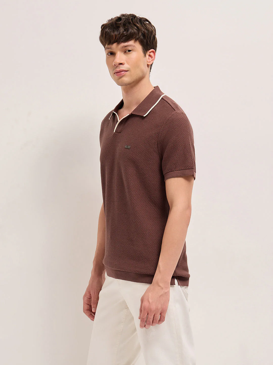 Brown Textured Knit Regular Fit Polo with Open V-Notch Placket - Image 3