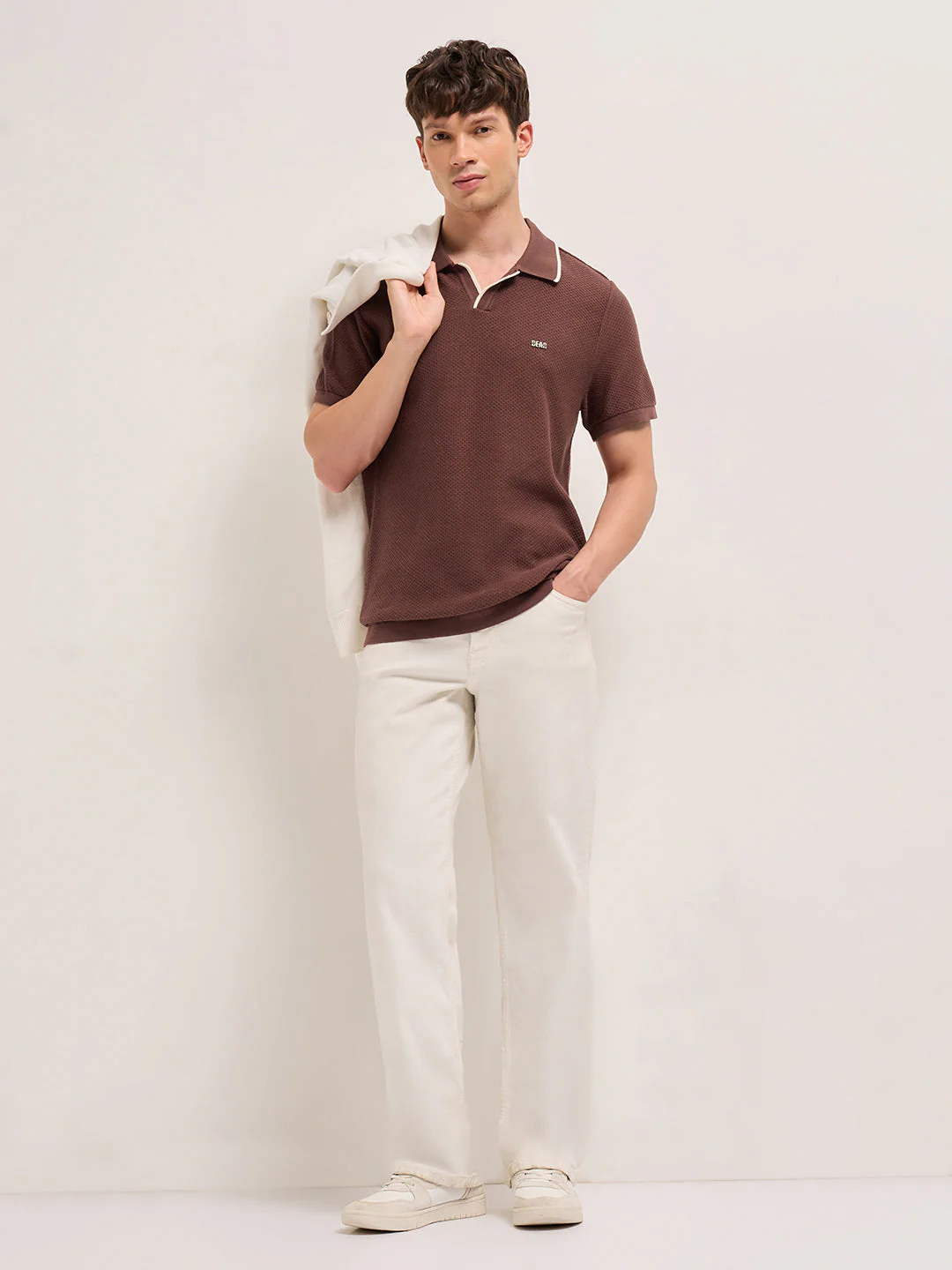 Brown Textured Knit Regular Fit Polo with Open V-Notch Placket - Image 4