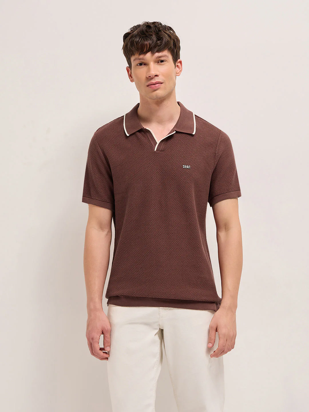 Brown Textured Knit Regular Fit Polo with Open V-Notch Placket - Image 6