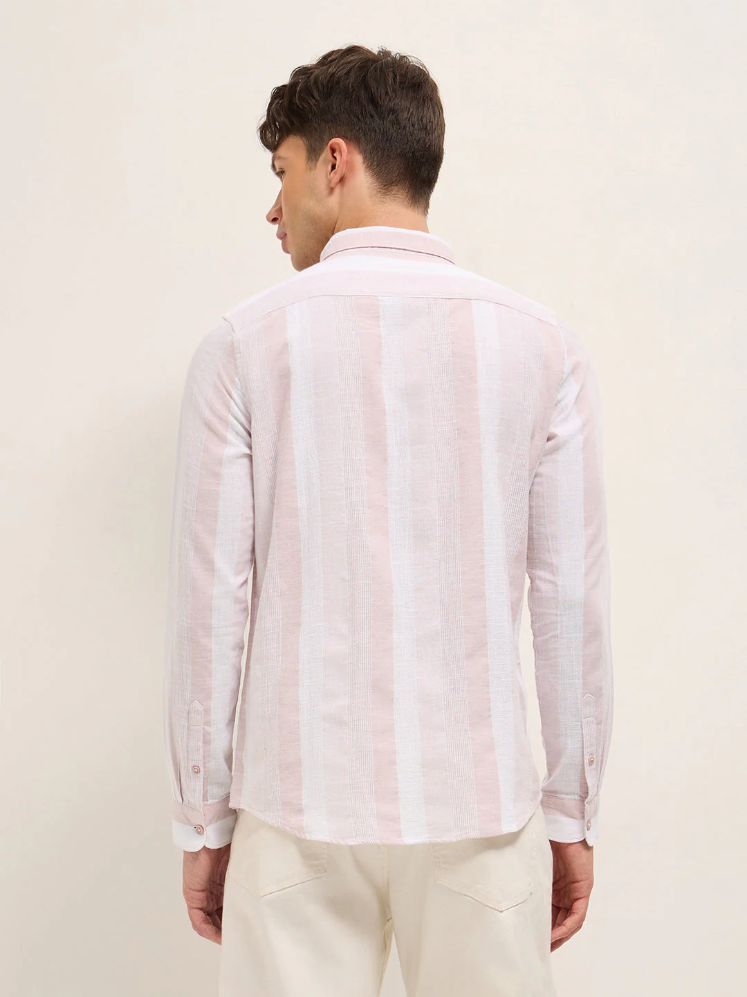 Pink Textured Woven Stripe Slim Fit Cotton Casual Shirt - Image 2