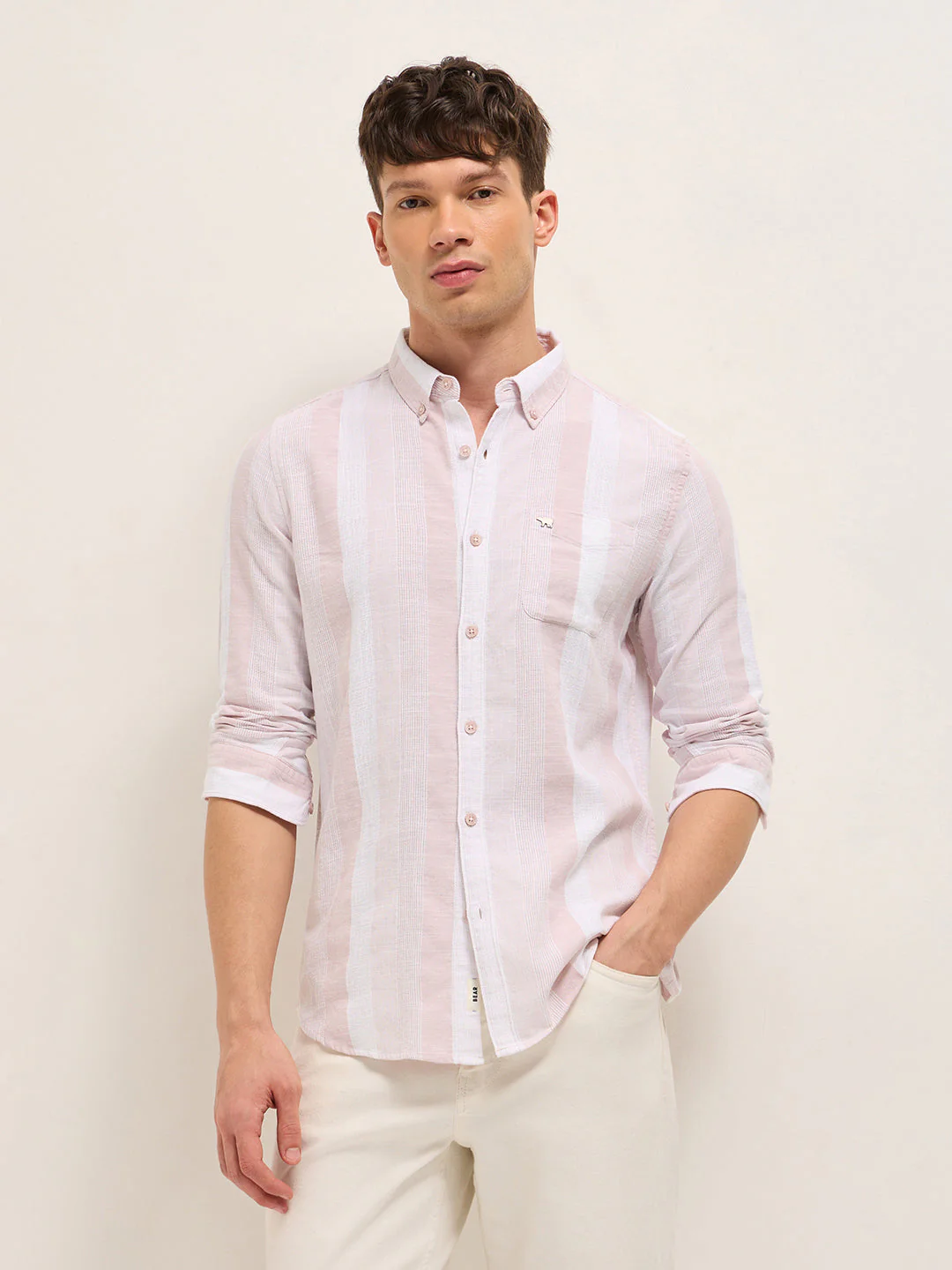 Pink Textured Woven Stripe Slim Fit Cotton Casual Shirt - Image 6