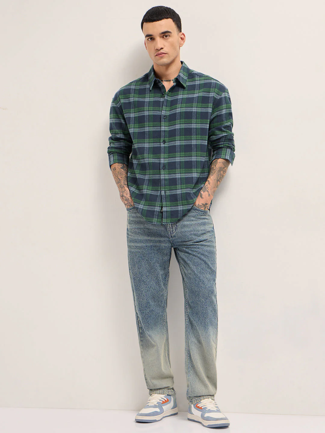 Blue and Green Plaid Check Relaxed Fit Overshirt - Image 4
