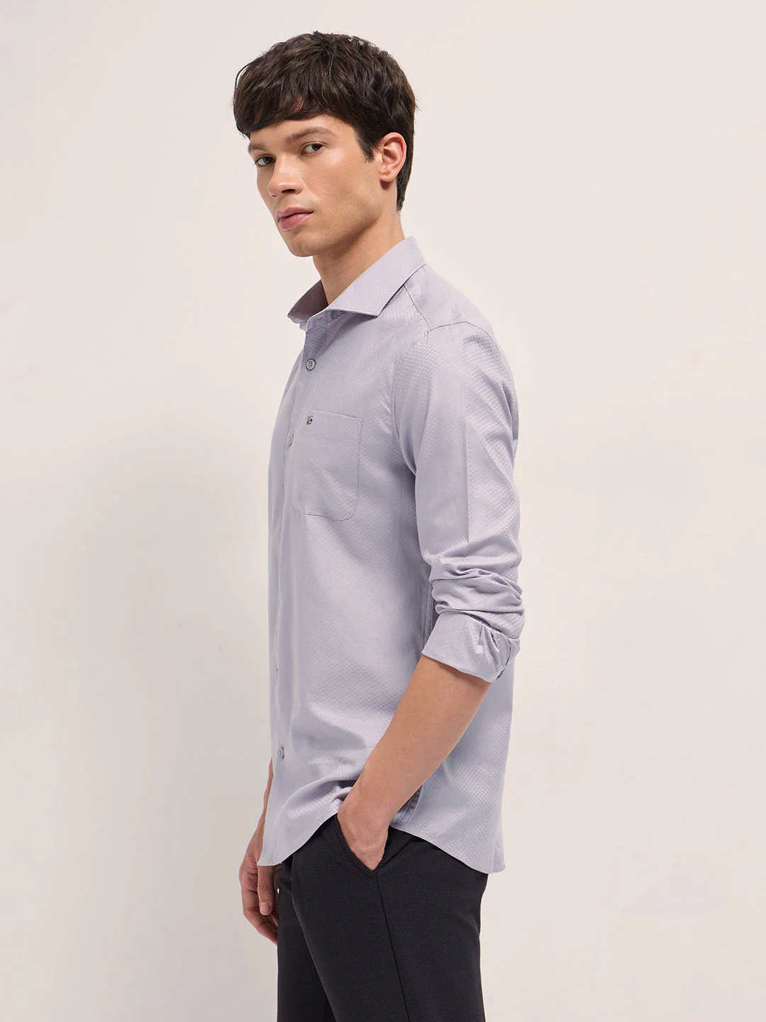 Purple Woven Pattern Cotton Tailored Fit Formal Shirt - Image 3